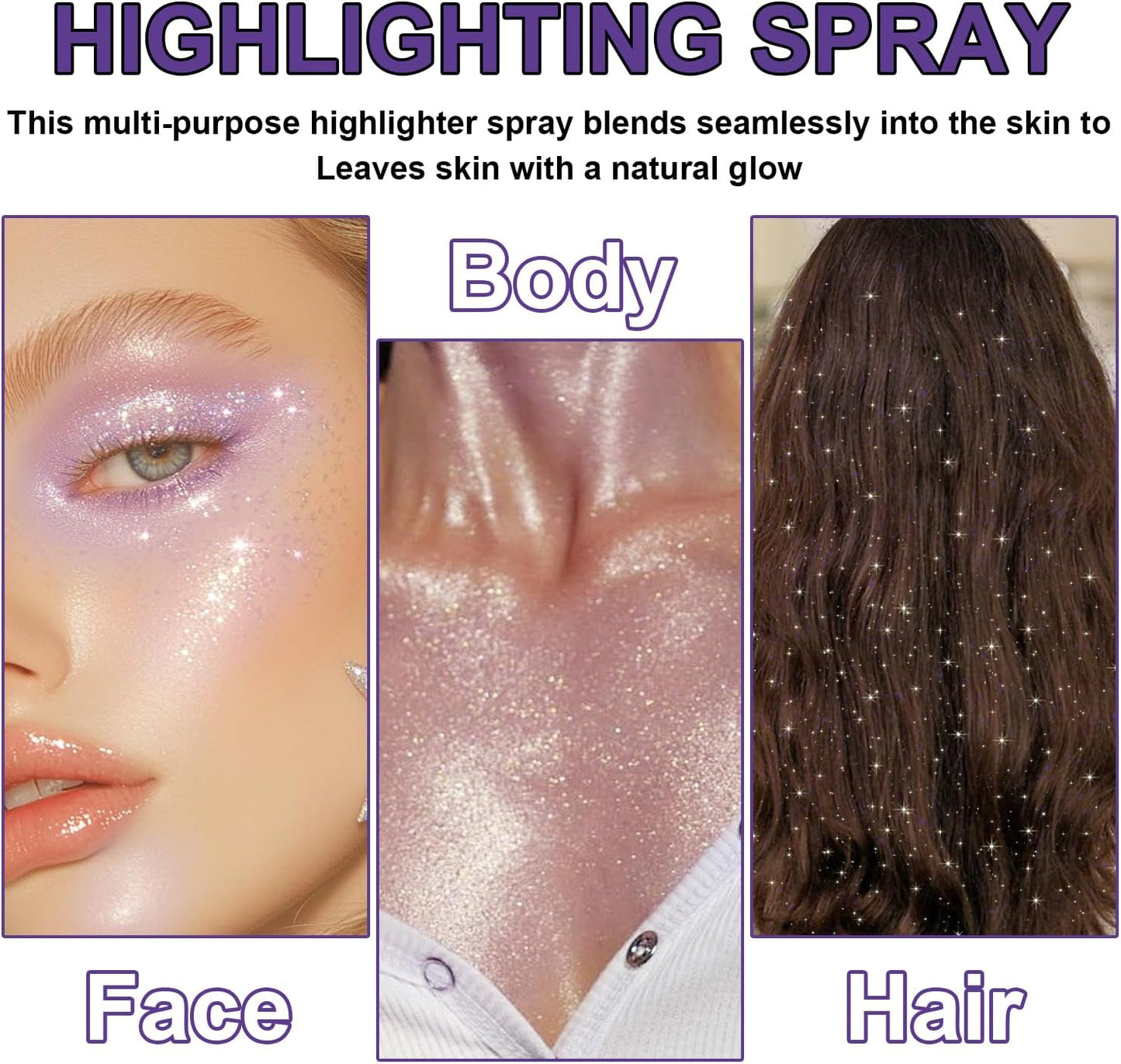 Hair and Body Glitter Spray, Shimmering Powder Sparkle Powder Makeup, Glitter Loose Sparkle Makeup for Body Highlighter,Festival Prom Rave Accessories (Purple)