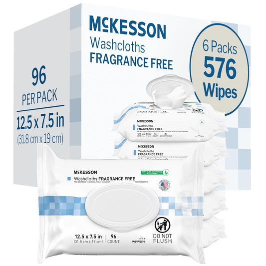 McKesson Washcloth Wipes for Adults, Unscented (6 Pack, 576 Washcloths) Disposable Wash Cloths for Body - Fragrance-Free No-Rinse Formula - Good for Incontinence and Elderly - 96 Wipes Per Pack