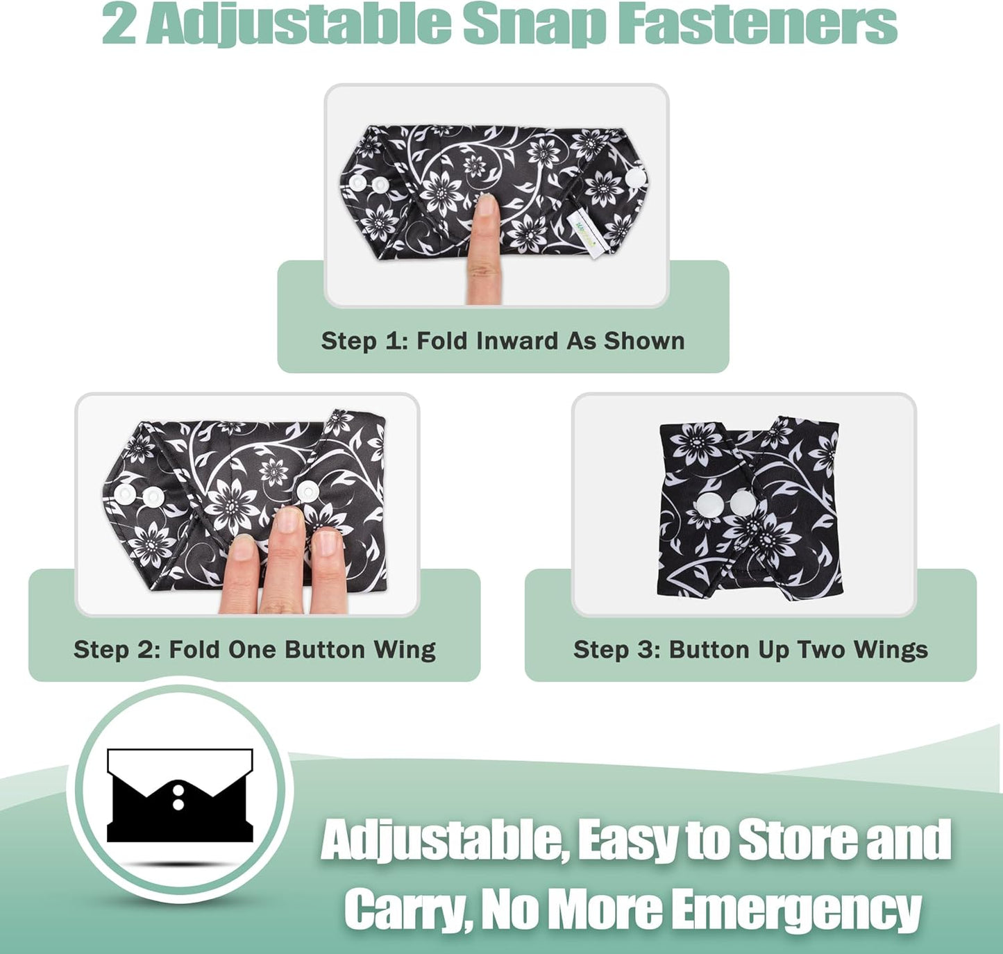 Wegreeco Reusable Menstrual Pads - Soft Cloth Sanitary Pads & Panty Liners - 6 Pack with 1 Cloth Mini Wet Bag (Large, Black Flowers)