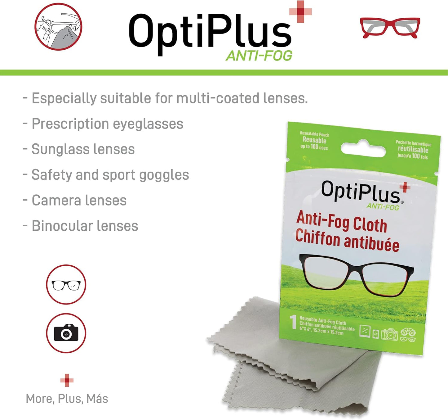 OptiPlus Anti Fog Cloth for Eyeglasses, Goggles, and Shields | Premium Reusable Anti-Fog Treatment | 5 Cloths 500 uses | Anti-Fog for All Lenses - 5 Pack
