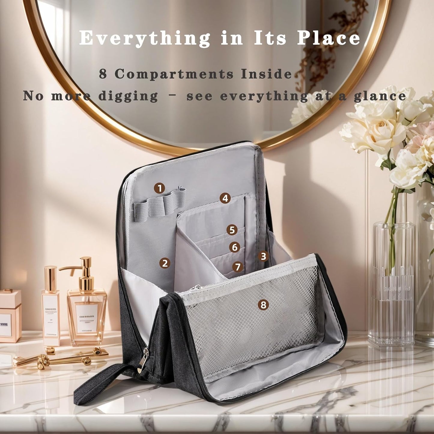 Standing Makeup Bag with Brush Holder, Organizer Travel Cosmetic Bags, Small Make Up Pouches for Women Black