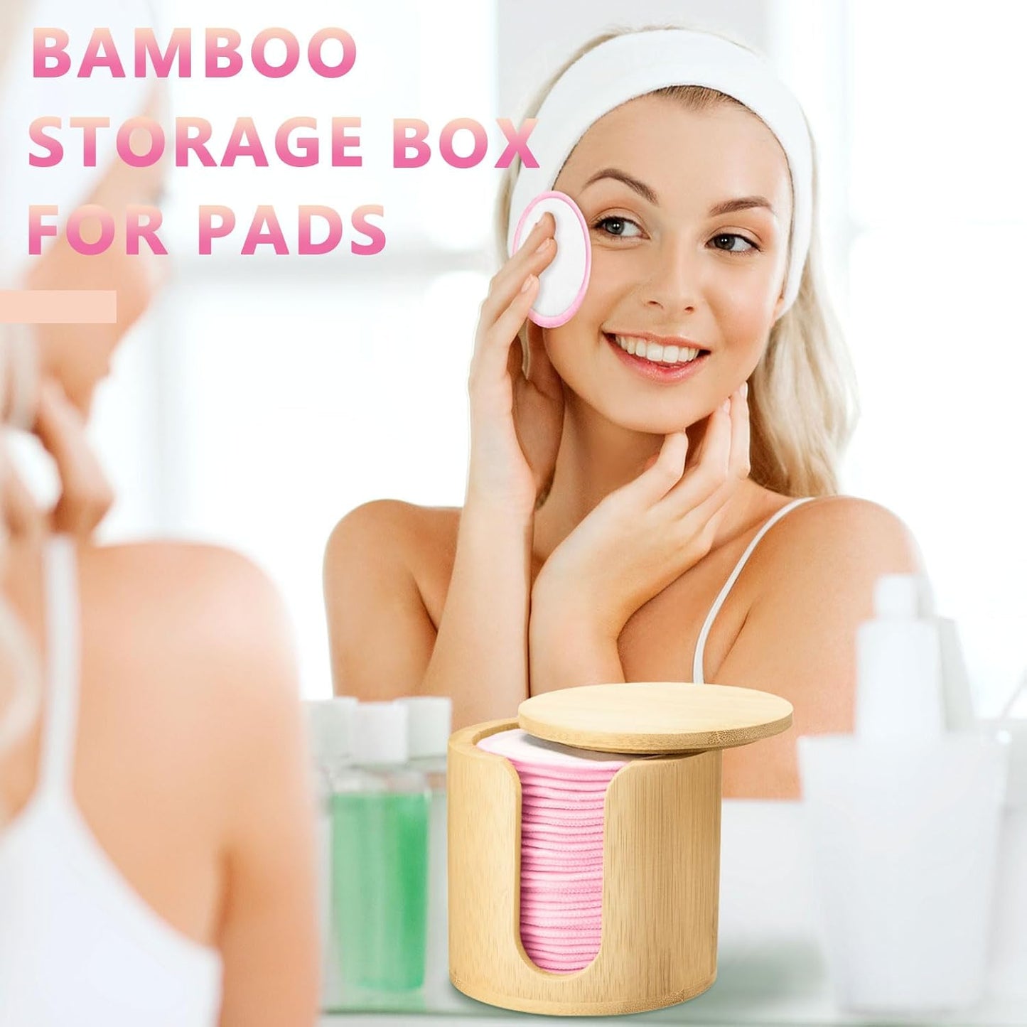 Foaincore 40 Pcs Reusable Makeup Remover Pads with Mesh Laundry Bag Washable Bamboo Cotton Rounds Soft Reusable Face Pad for Toner Skin Types with Bamboo Holder(White Pink)