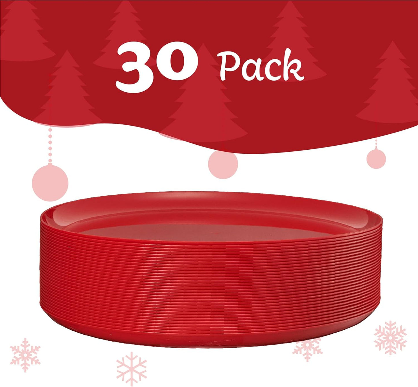 PLASTICPRO 30 Pack 10.7'' Christmass Red Plastic Party Plates Edge Collection Premium heavyweight Elegant Disposable Tableware Dishes