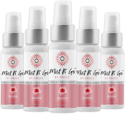 Mist N’ Go by Omaze Travel Bathroom Spray for Toilet Spray Odor Eliminator - Travel Toilet Spray for Bathroom Air Freshener Spray for Bathroom Deodorizer - Blossom Regular Size (2oz x5)