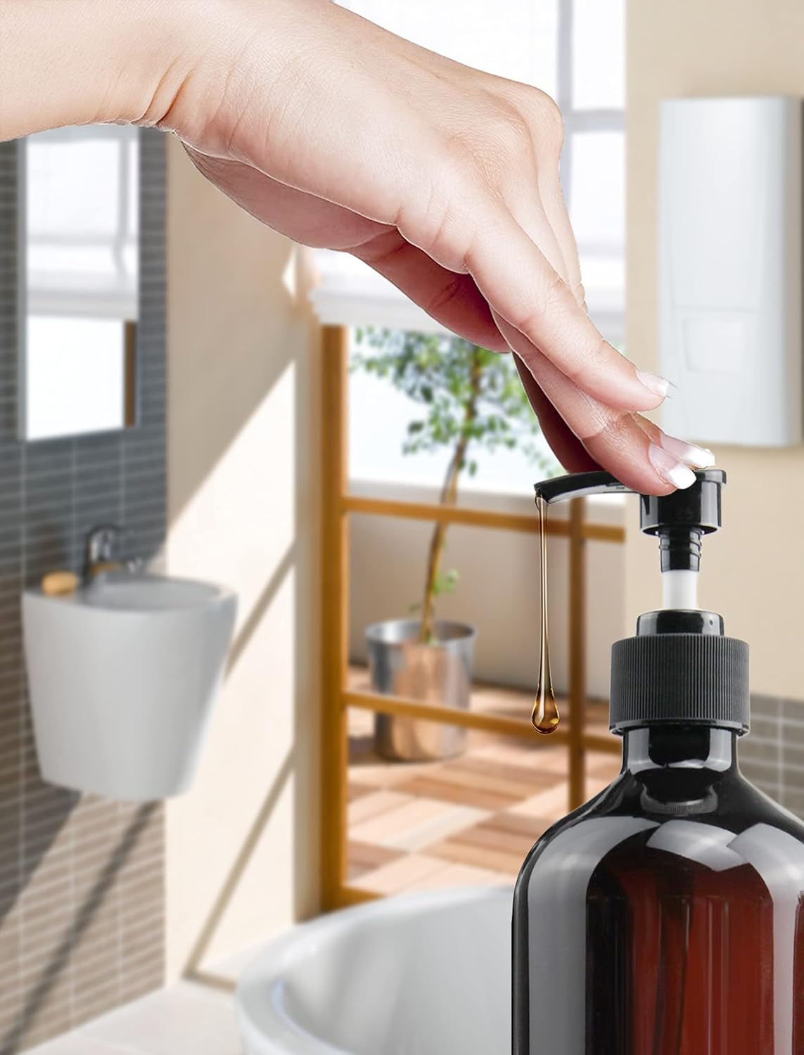 Empty Plastic Bottles with Pump Dispenser and Labels Included, Refillable Travel Containers for Hand sanitizer Shampoo Lotion, etc - BPA/Paraben Free, 500ml/16.9oz (Amber, 3 Pack)