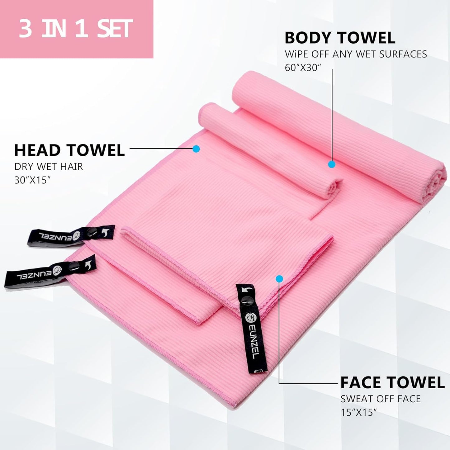 Eunzel Quick Dry Camping Towel, Microfibre Ribbed Towel Travel Towel 3 Sizes 1 Pack Fast Drying Towel Set for Camping, Beach, Gym, Sports, Yoga & Swimming Pool, Pink