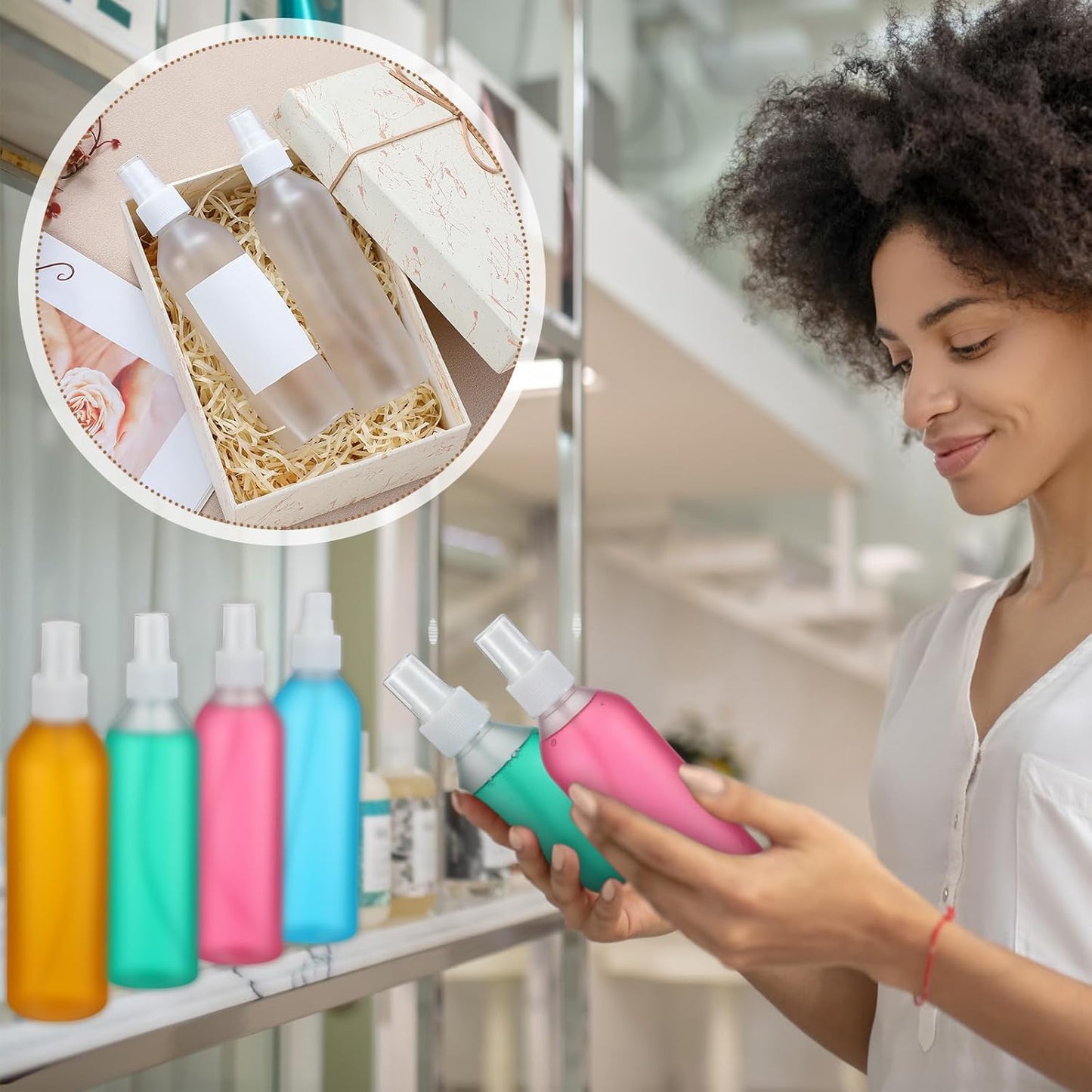 Eccliy 32 Pcs 8 oz Spray Bottles Fine Mist Cleaning Bottles Clear Empty Plastic Travel Sprayer Refillable Sprayer with Cap for Cleaning Solutions Oils Travel Perfumes(Clear,White,Frosted)