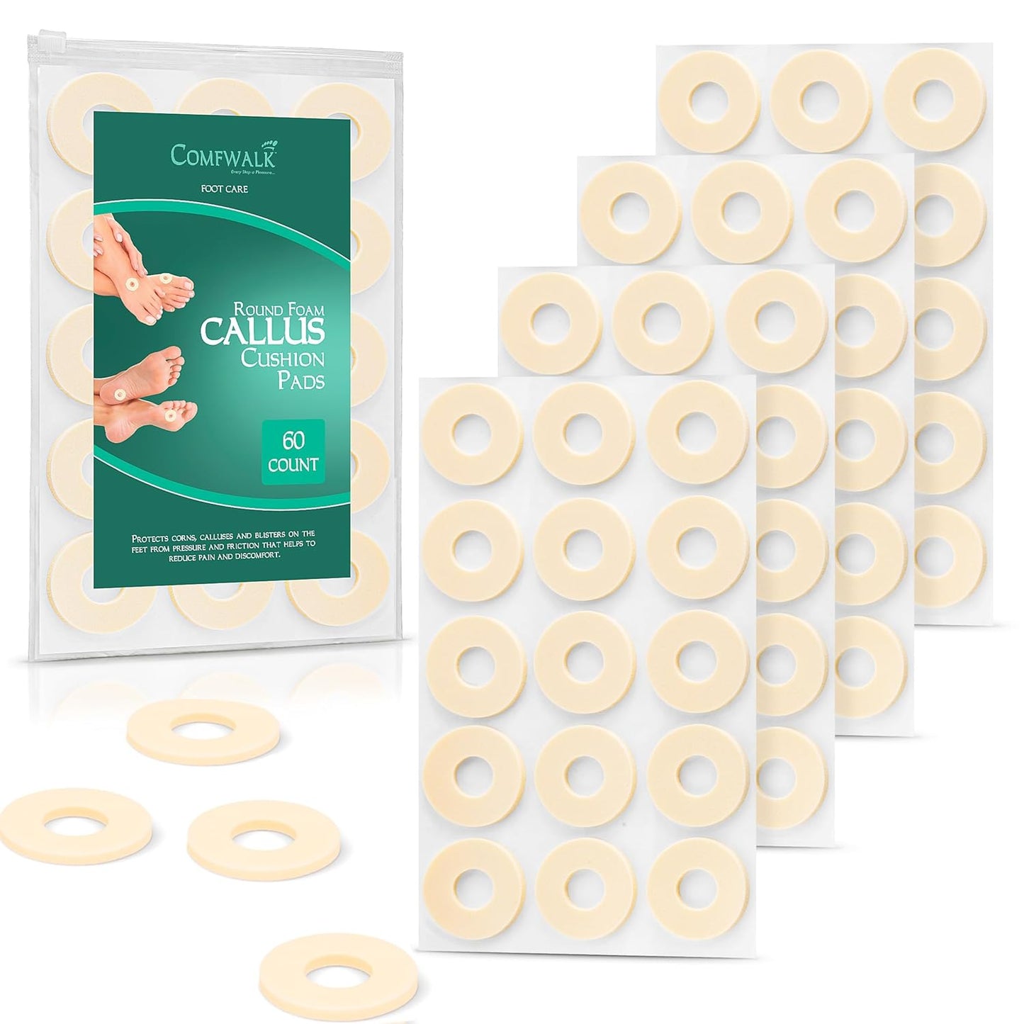 Callus Cushions Pads, 60-Count, Prevents Calluses, Corns, blisters and mosquito bites on feet from pressure and friction, Round Soft Foam, Beige Skin color (Regular For Foot)