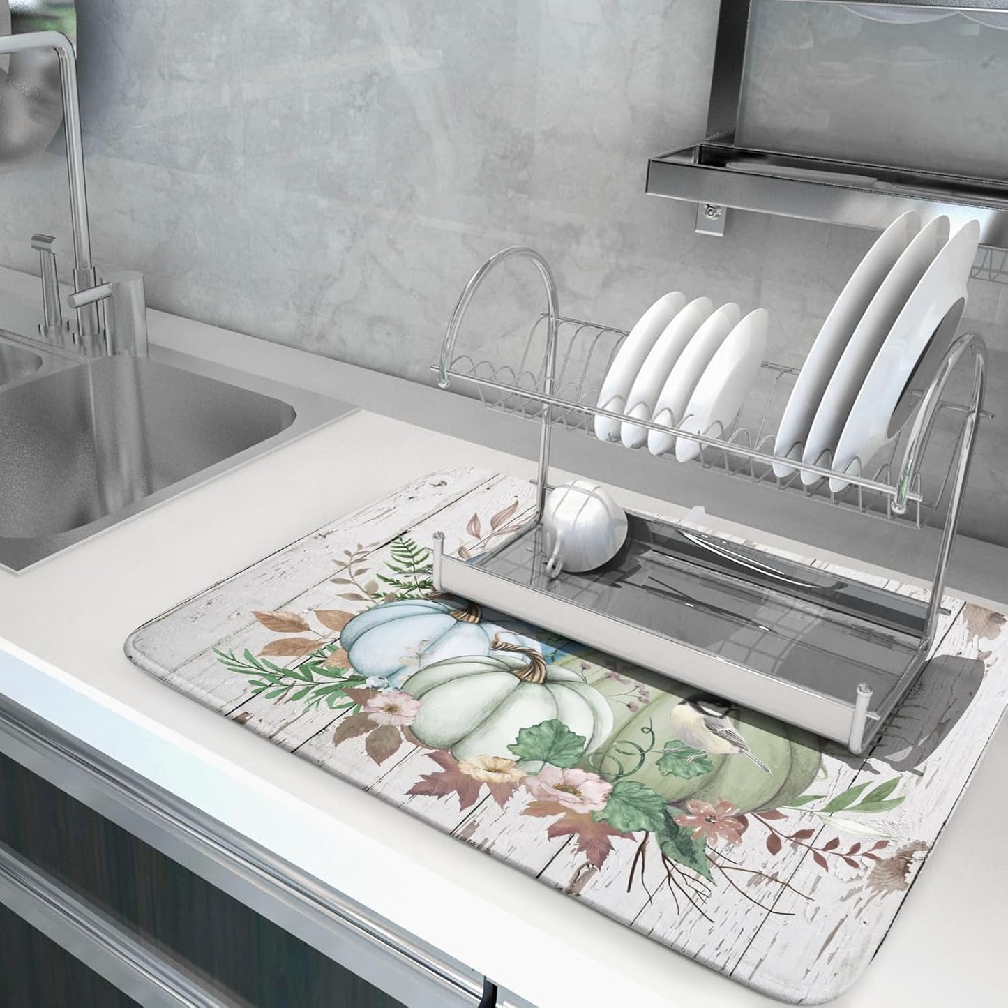 Fall Blue Pumpkin Dish Drying Mat 18x24 inch Autumn Harvest Dish Rack Mats Reversible Microfiber Drainer Pad for Kitchen Countertop Decor