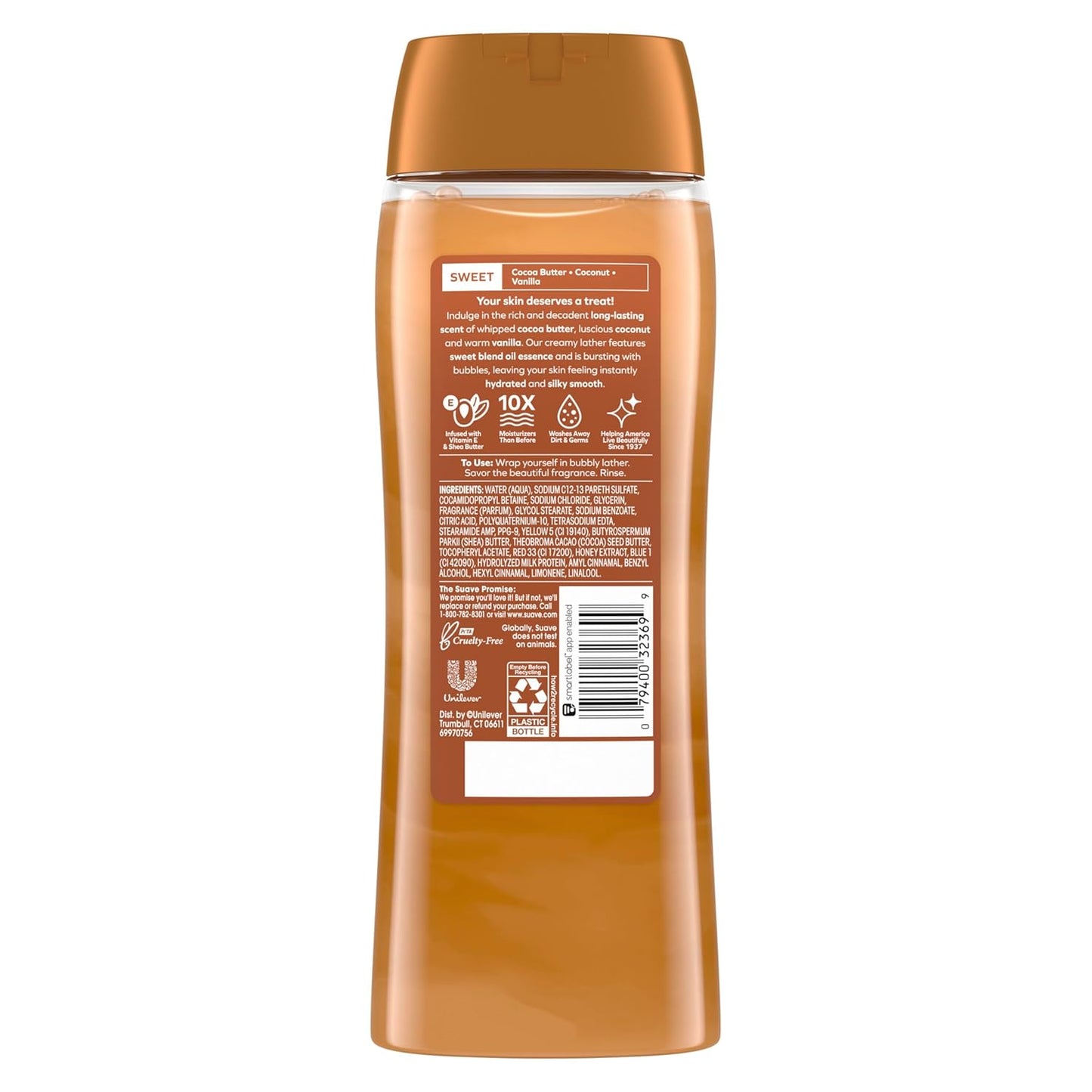 Suave Moisturizing Body Wash, Cocoa Butter and Shea with Vitamin E Extract, No Parabens, No Phtahaltes, 18 Oz Pack of 6