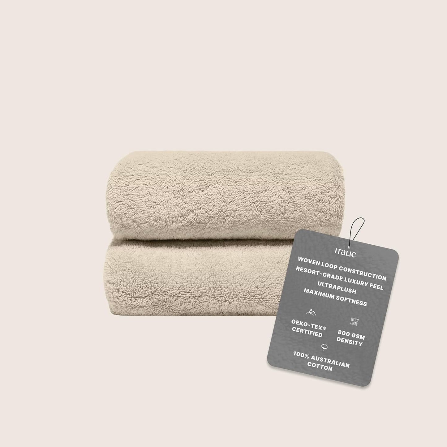 Italic Ultraplush 100% Australian Cotton Towels - Set of 2 Luxury Bath Towels, Quick Dry Plush and Absorbent, Heavy Duty Large Bath Towels, 800GSM Towels for Bathroom & Spa (Sand)