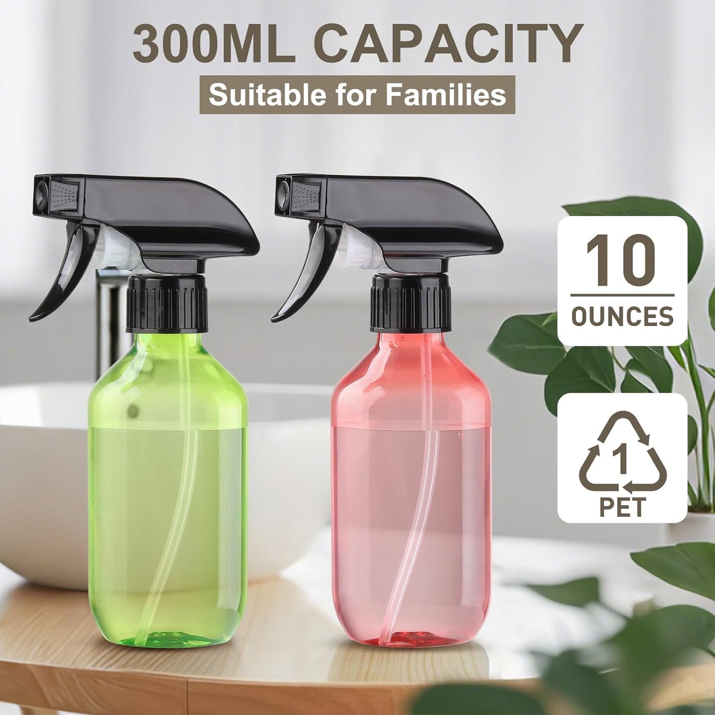 Bynccea Plastic Spray Bottles 2 Packs - 10 oz/300 ml Empty Small Water Spray Bottles - BPA Free Plastic Refillable Containers for Hair, Gardening, Plants