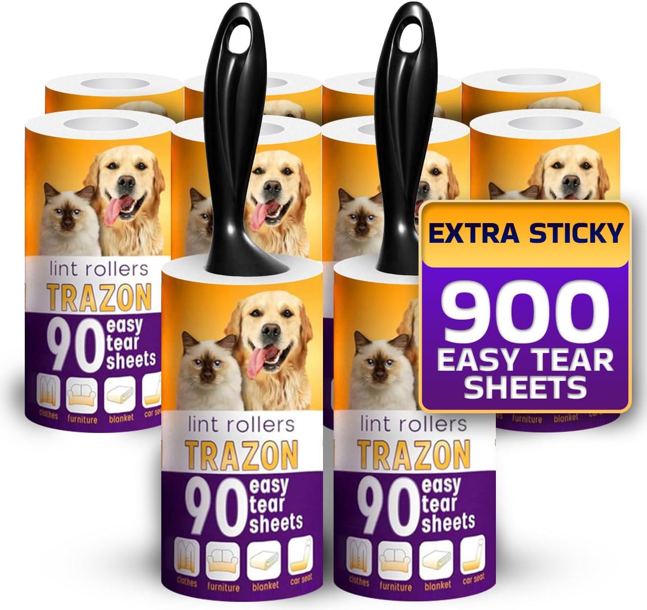 Lint Rollers Pet Hair Value 10 Pack of 900 Sheets / 10 Refills, Sticky Roller Pet Hair, Lint Remover Dog/Car Hair, Fuzz, Animal Fur, Large Lint Removal Roller Clothe, Couch, Furniture