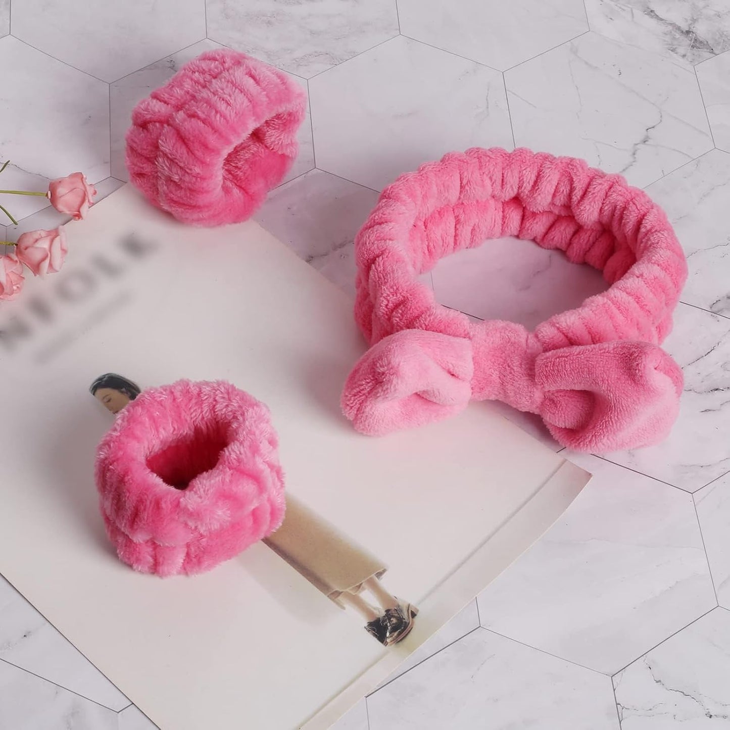 16pcs Skincare Headband Set, Headband Set for Face Washing Spa and Makeup, Including 1 Hairband, Wristband, 3 Hair Claw Clips and 10 Hair Ties, with Box, Gift for Women and Girls, Rose Red