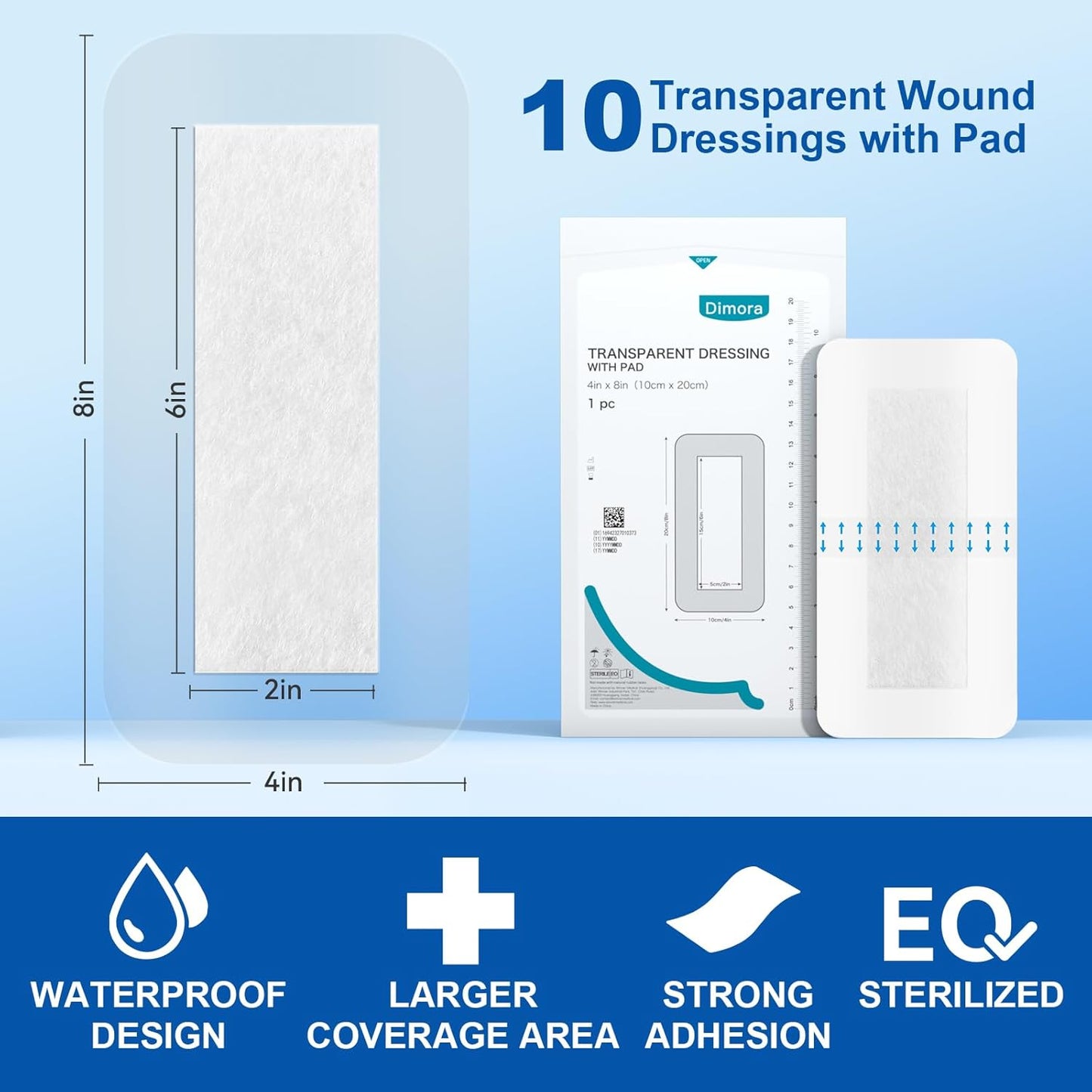 Dimora Waterproof Transparent Film Dressing with Pad, Large Clear Bandage Tape for Wound Care, Adhesive Post Surgical Cover Pad,for IV Shield, Tattoo Aftercare, Shower Protector 4x8 inch 10 Packs