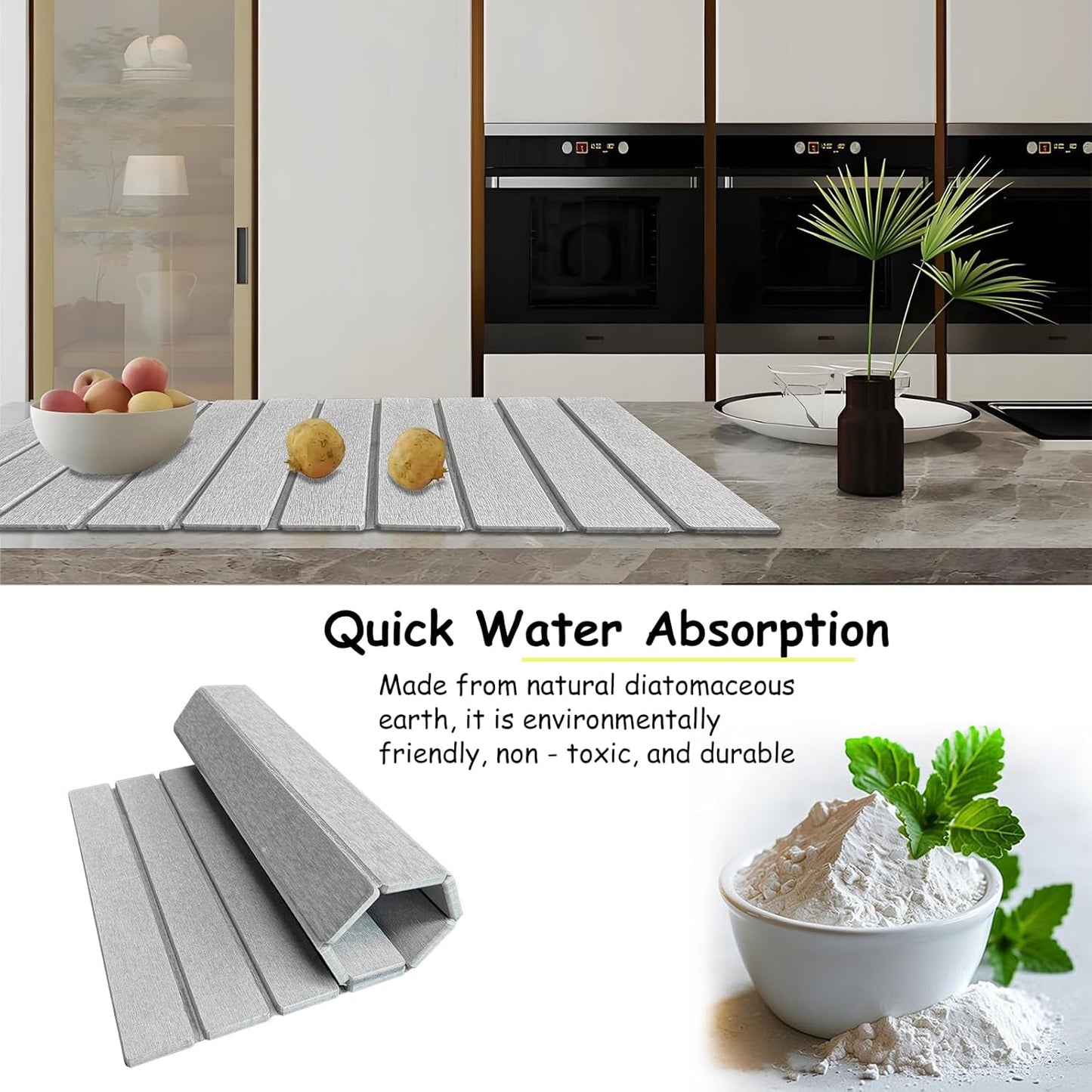 Stone Dish Drying Mat For Kitchen & Bathroom - Diatomaceous Earth, Quick Dry, Collapsible, Non - Slip Pvc, Rounded Corners, 15.4 X 23.6 IN, Absorbent, Natural Material For Dishes, Cups & More