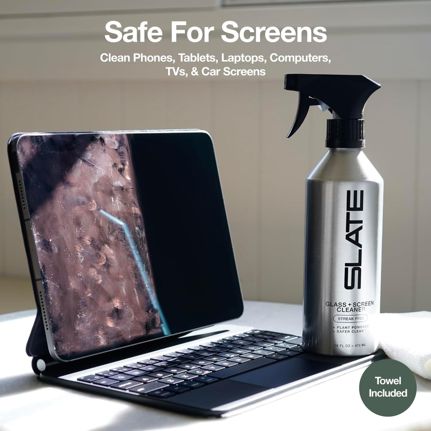 Slate Screen Cleaner Spray and Microfiber Cloth - Streak Free - Cleans Laptop, Computer, Tablet, Phone, TV, and Car Screens, Biodegradable Plant-Based Formula, Touch Safe, 16oz