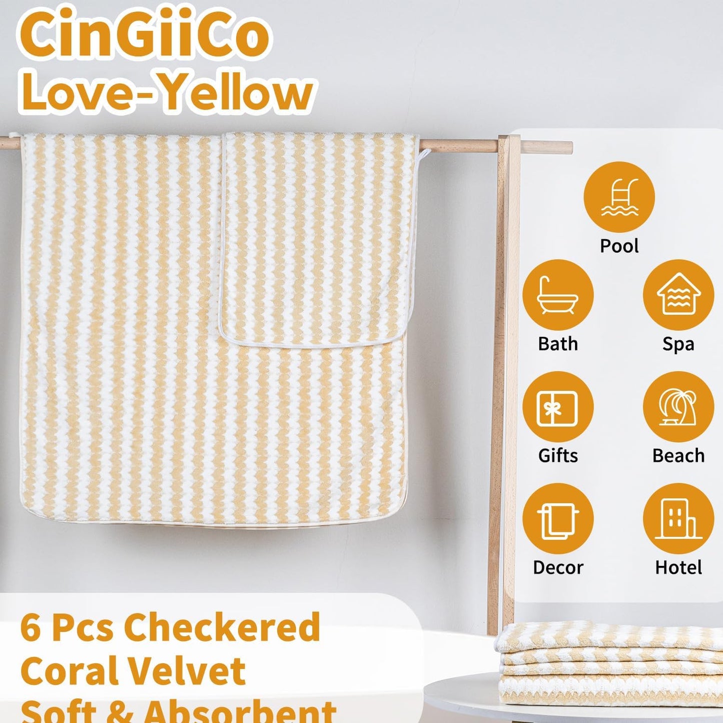 Love Bath Towels Set of 6 Large, Microfiber Bath Towels * 2 (55.12"*27.56"), Hand Towels * 4 (29.52"*13.77"), Luxury Towels for Bathroom, Gym, Hotel, and Spa(Yellow)