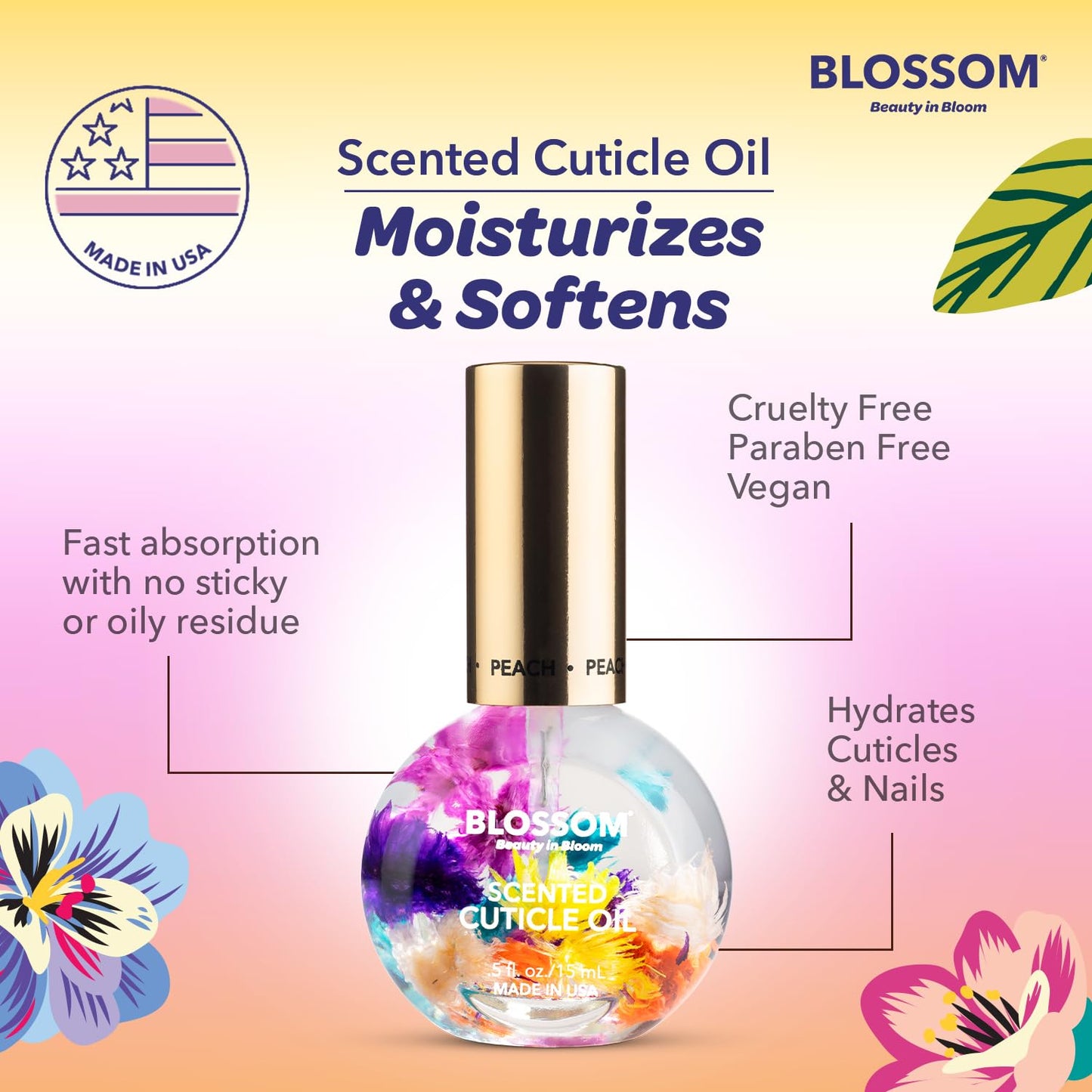 Blossom Cuticle Oil for Nails, Hydrating, Moisturizing, Scented Nail Oil Cuticle Care, Infused with Real Flowers, Made in USA, 0.5 fl. oz, Juicy Peach