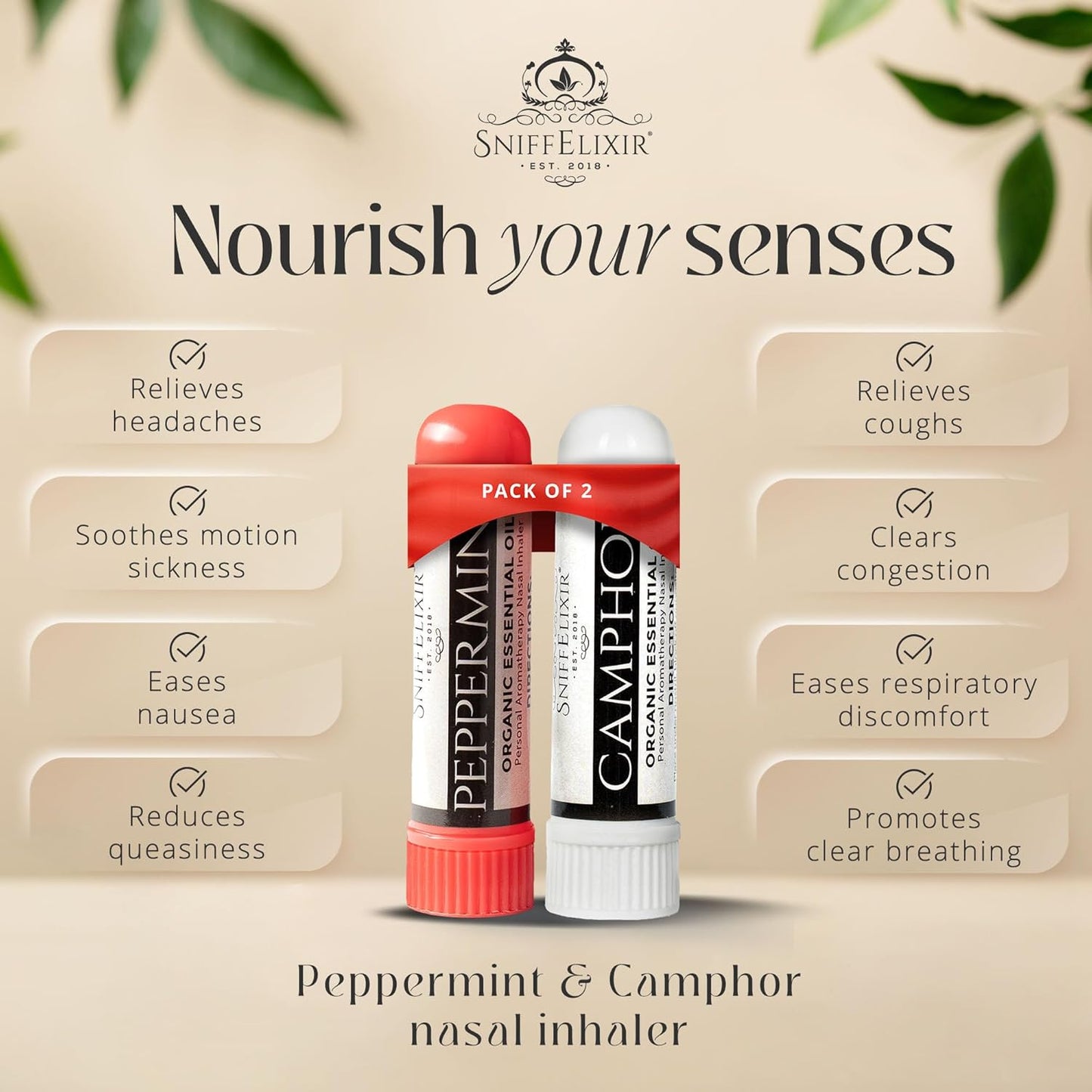 2 Pack Camphor Nasal Stick + Peppermint Nasal Inhalers – Aromatherapy Inhaler Sticks for Cough, Motion Sickness, Nausea Stick, Headaches and Migraines – Portable Nasal Inhalers for Adults