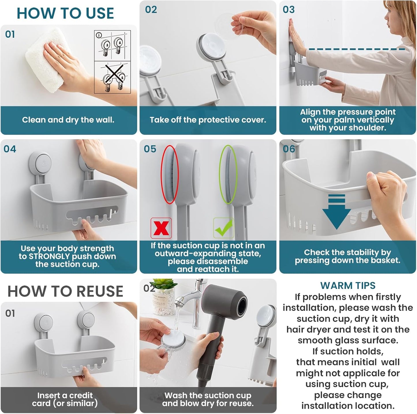 TAILI Shower Caddy Suction Cup, Heavy Duty Bathroom Organizer, Removable Shelves for Inside Shower, Shampoo, Waterproof Suction Plastic Storage for Bathroom Accessories Holder, Gray