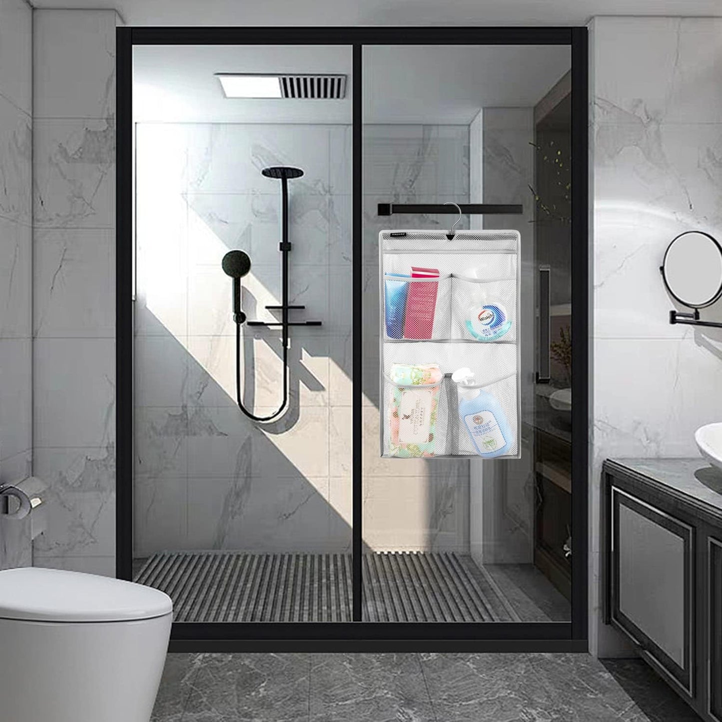 Mesh Shower Organizer Hanging Caddy Quick Dry Bathroom Storage for Toiletry Accessories with Rotating Hanger (4 Pockets)