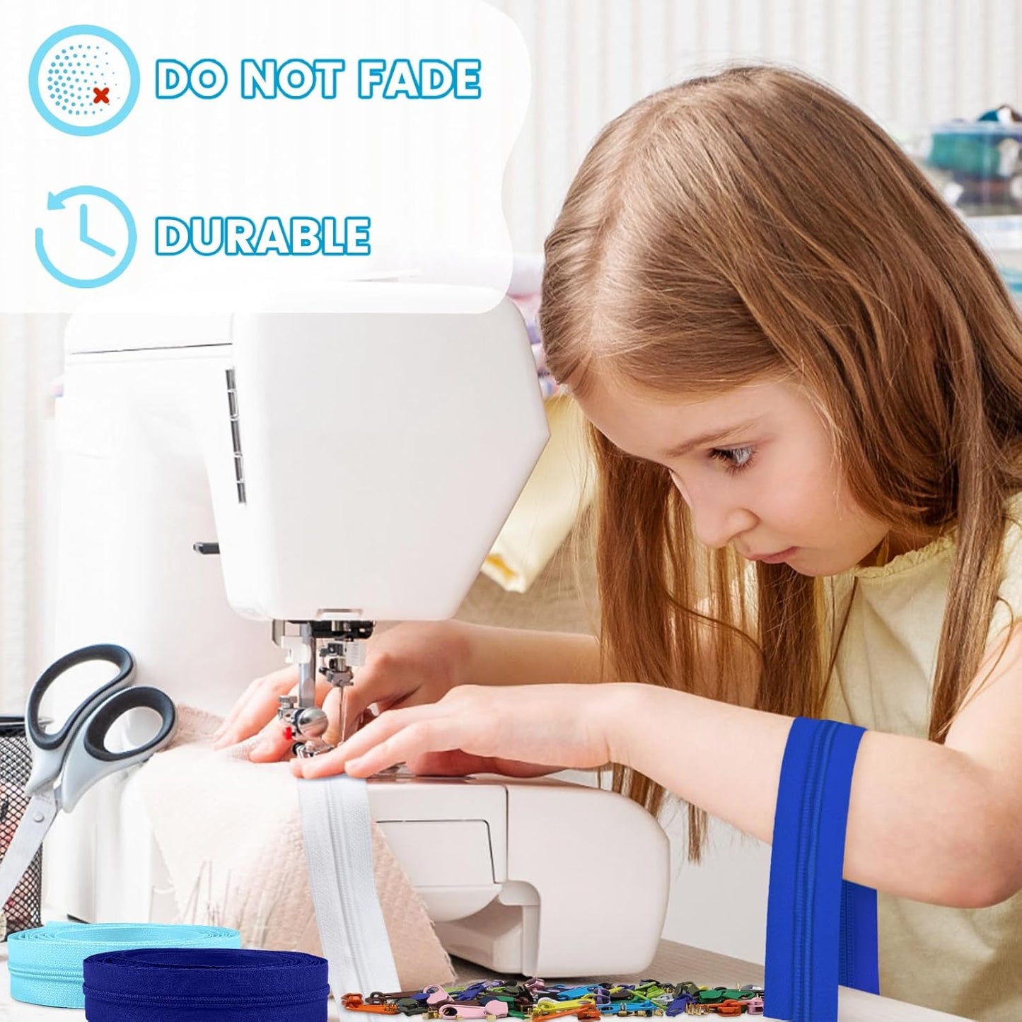 DOITEM 15.3 Yards/ 14 m 5 Pieces Assorted Colors #3 Nylon Coil Zippers, Sewing Zippers Endless Zips with 20 Pieces Zipper Sliders Zip Heads for DIY Sewing Tailor Craft Supplies (Blue White)