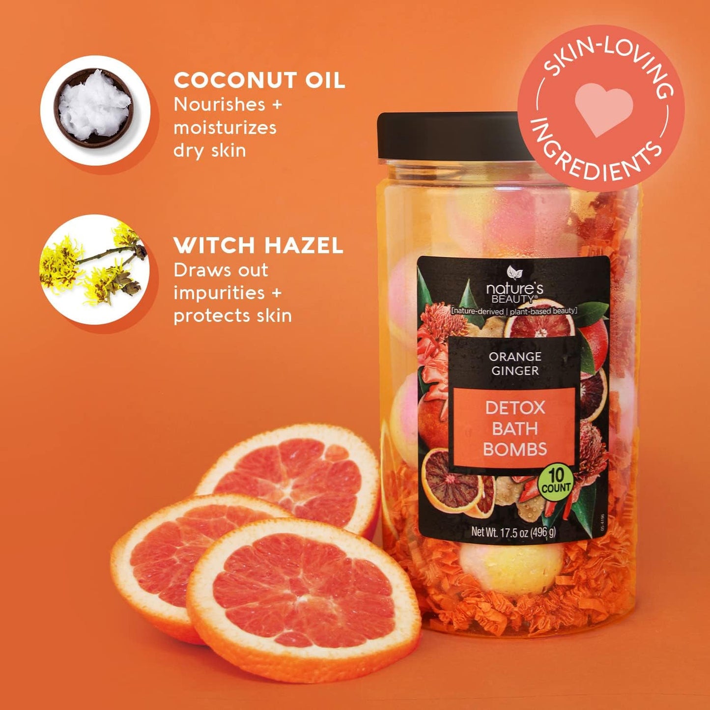 Nature's Beauty Orange Ginger Detox Bath Bomb Gift Set Multi-Pack - Luxury Fizzy Spa Bomb w/Citrus + Woodsy Patchouli Scent Made with Coconut Oil & Witch Hazel, 17.5 oz | 10 ct ea (2 Pack)