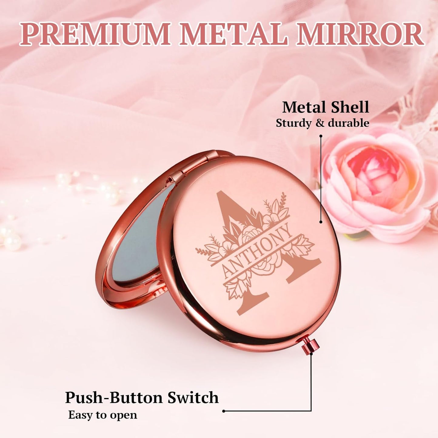 Personalized Pocket Mirror, Custom Compact Mirror with Initial and Name, Small Compact Travel Makeup Mirrors for Purse, Mini Purse Mirrors Gift for Women Girls Daughter Mom Grandma Bridesmaid Friends