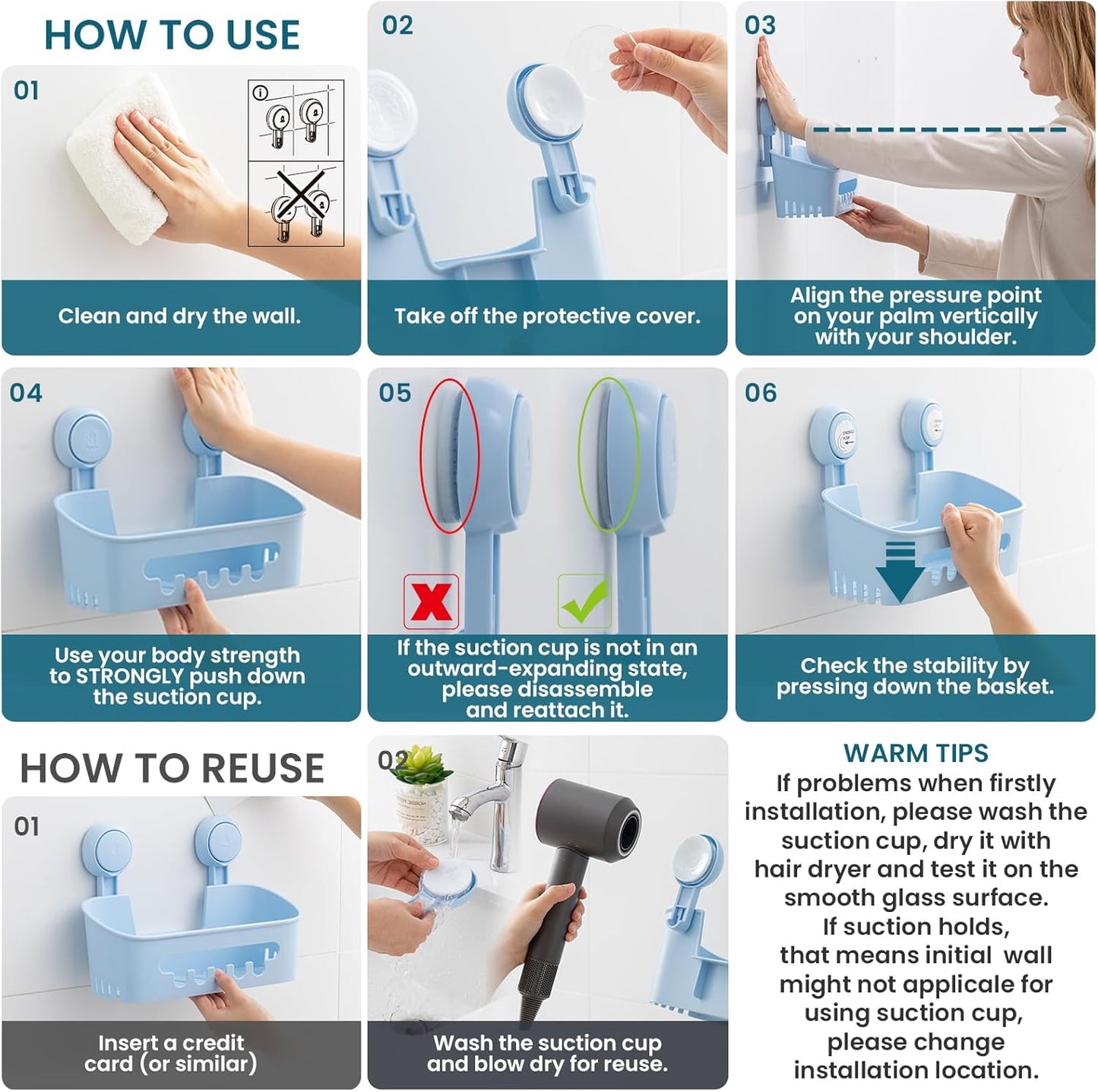 TAILI Shower Caddy Suction Cup 2 Pack, Heavy Duty Bathroom Organizer, Removable Shelves for Inside Shower, Shampoo, Waterproof Suction Plastic Storage for Bathroom Accessories Holder, Blue