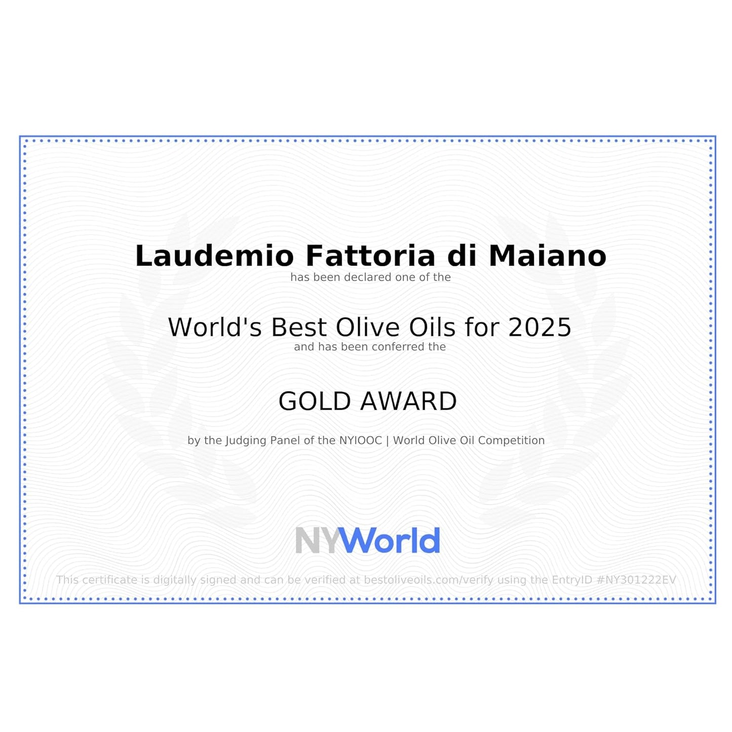 Sanniti Laudemio Organic Extra Virgin Olive Oil Fattoria di Maiano, Gold Award Winner at NYIOOC World Olive Oil Competition, 16.9 oz