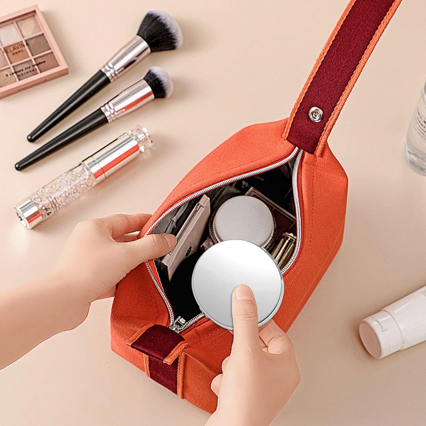 Portable Compact Metal Folding Makeup Mirrors, Beautiful and Elegant,1X/2X Magnifier. (Naked Silver)