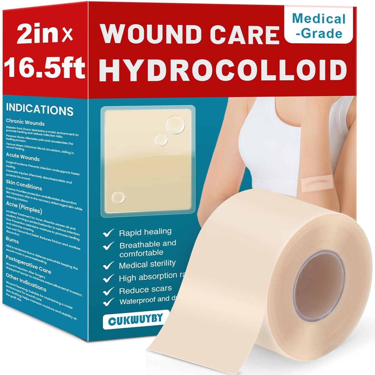 WUYUAN Hydrocolloid Roll for Wound Care, 2in*16.5ft Hydrocolloid Bandages with Self-Adhesive, Extra Large Hydrocolloid Patch Bandages Cut-to-Size, Ultra Absorbent, Waterproof