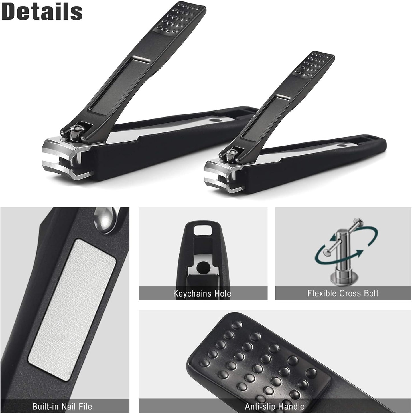 FERYES Nail Clippers with Catcher 2 PCS Set, No Splash Fingernail Clipper and Toenail Clipper, Stainless Steel Nail Cutters - W/Black Metal Case Packing