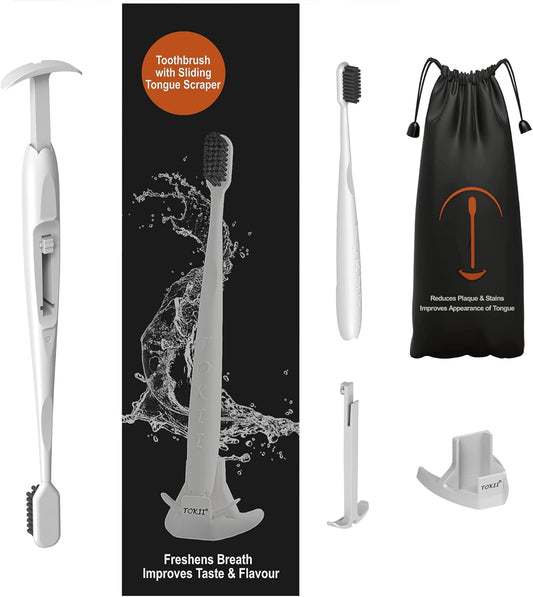 TOKII Tongue Scraper Cleaner Charcoal Bristles Toothbrush for Bad Breath with Waterproof Pouch for Travel, Hygienic Stand and Enviromentally Friendly (White, Pack of 1)