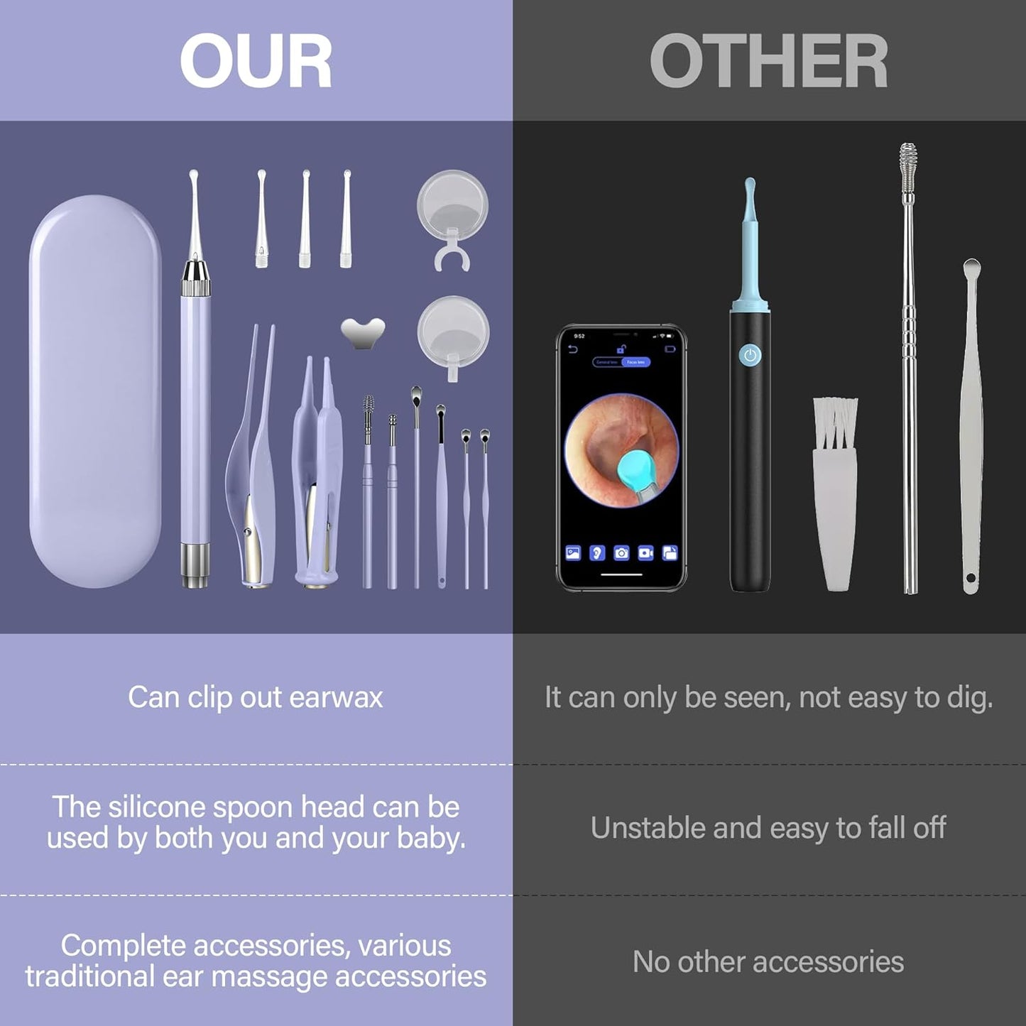 POZILAN Ear Cleaning Kit with LED Light - 15 Pack Ear Wax Removal Kit for Kids and Adults, Earwax Spoon Digger & Tweezers for Ear Cleaning Tool Present Set(Purple)