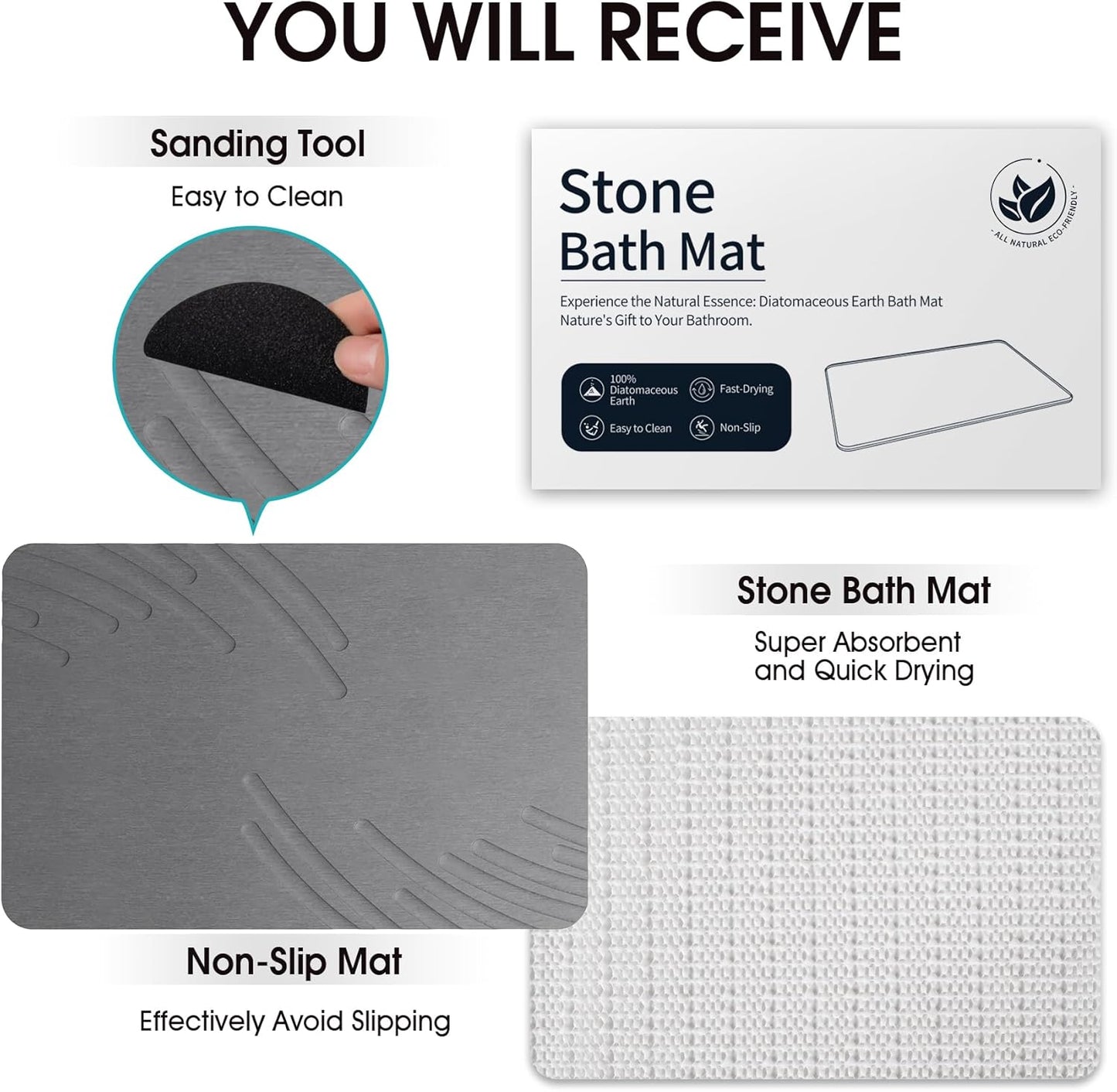 Stone Bath Mat Diatomaceous Earth Shower Mat Non-Slip Super Absorbent Diatomite Stone Mats for Bathroom Floor/Ktichen Cuonter Quick-Drying Easy to Clean (24''*16'' Grey)