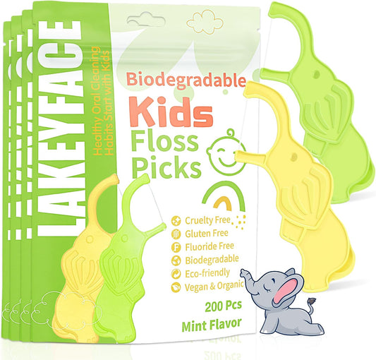 Biodegradable Kids Flossers, Cute Elephant Floss Picks, No Fluoride BPA Free Eco Friendly Dental Floss Picks, Mint Flavored, 2 Colors, 50 Count (Pack of 4)