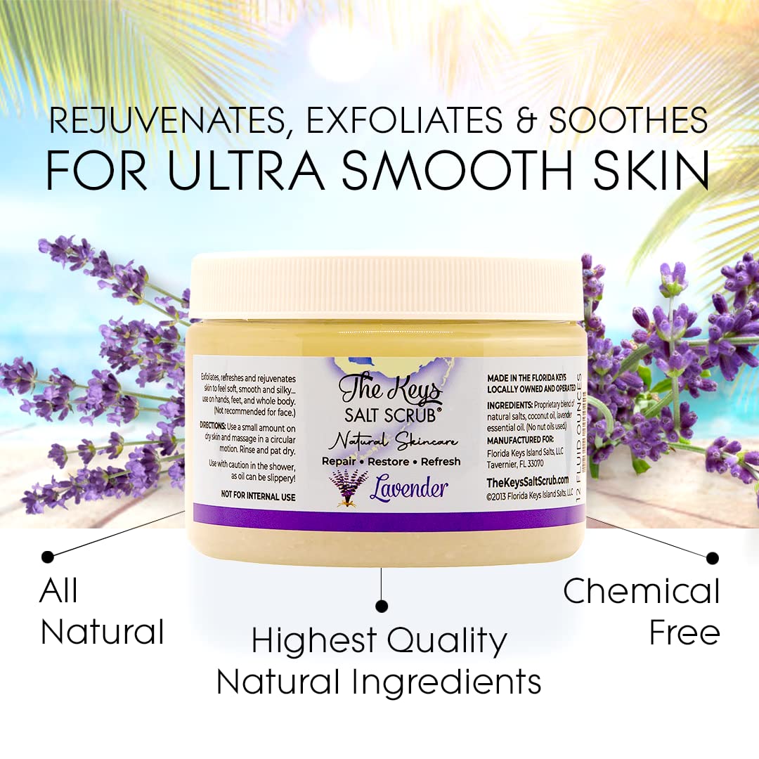 The Keys Salt Scrub -Sea Salt Scrub - Exfoliating Body Scrub with Wooden Spoon - Moisturizing Exfoliator for Hands, Foot, Bath, (12 Ounce (Pack of 3), Lavender)