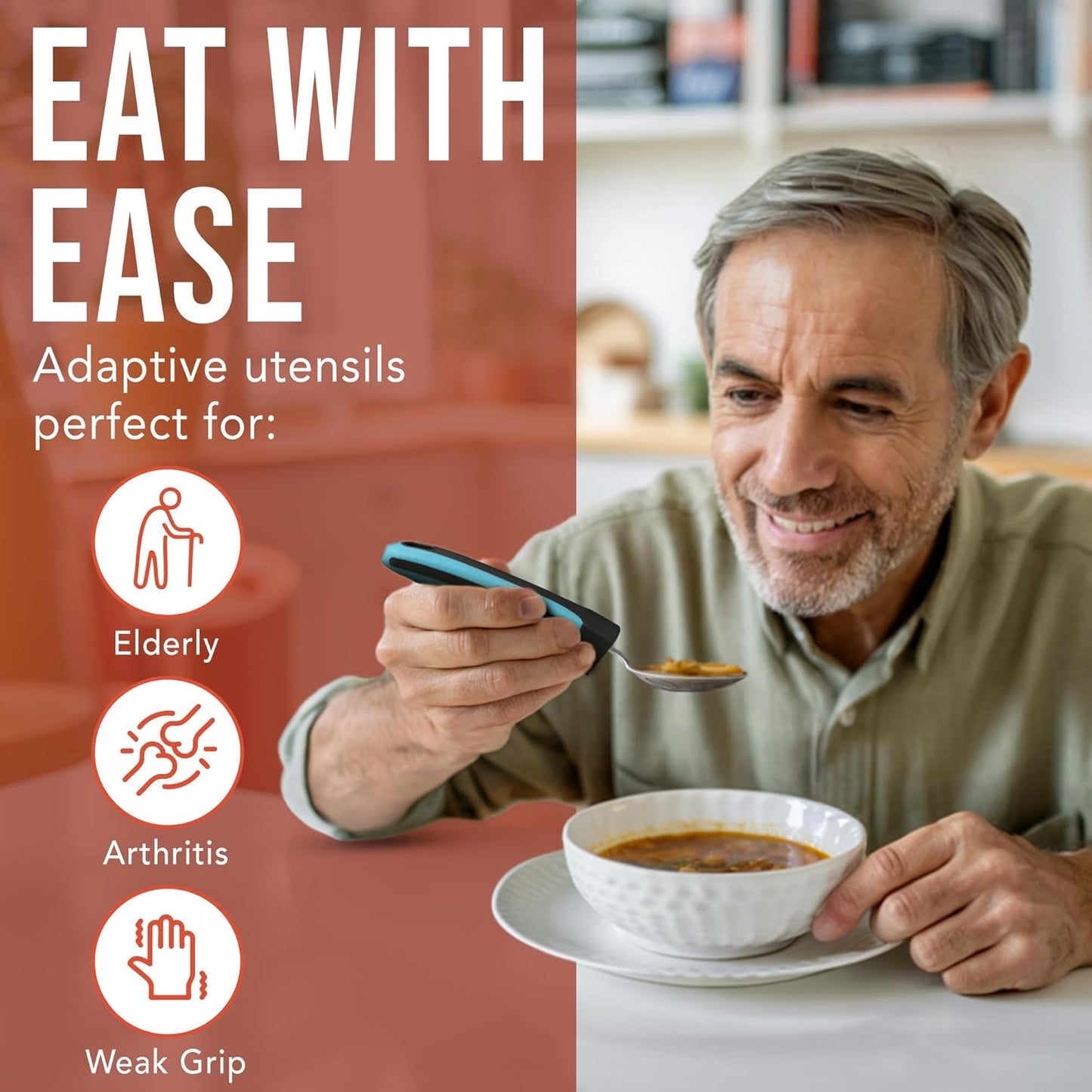 BUNMO Adaptive Utensils for Elderly, Arthritis, Weak Hand Grip, Tremors & Handicapped - Convenient Travel Pouch - 3.35oz Lightweight - Stainless Steel - Eat Independently - Adaptive Blue 4 Piece Set