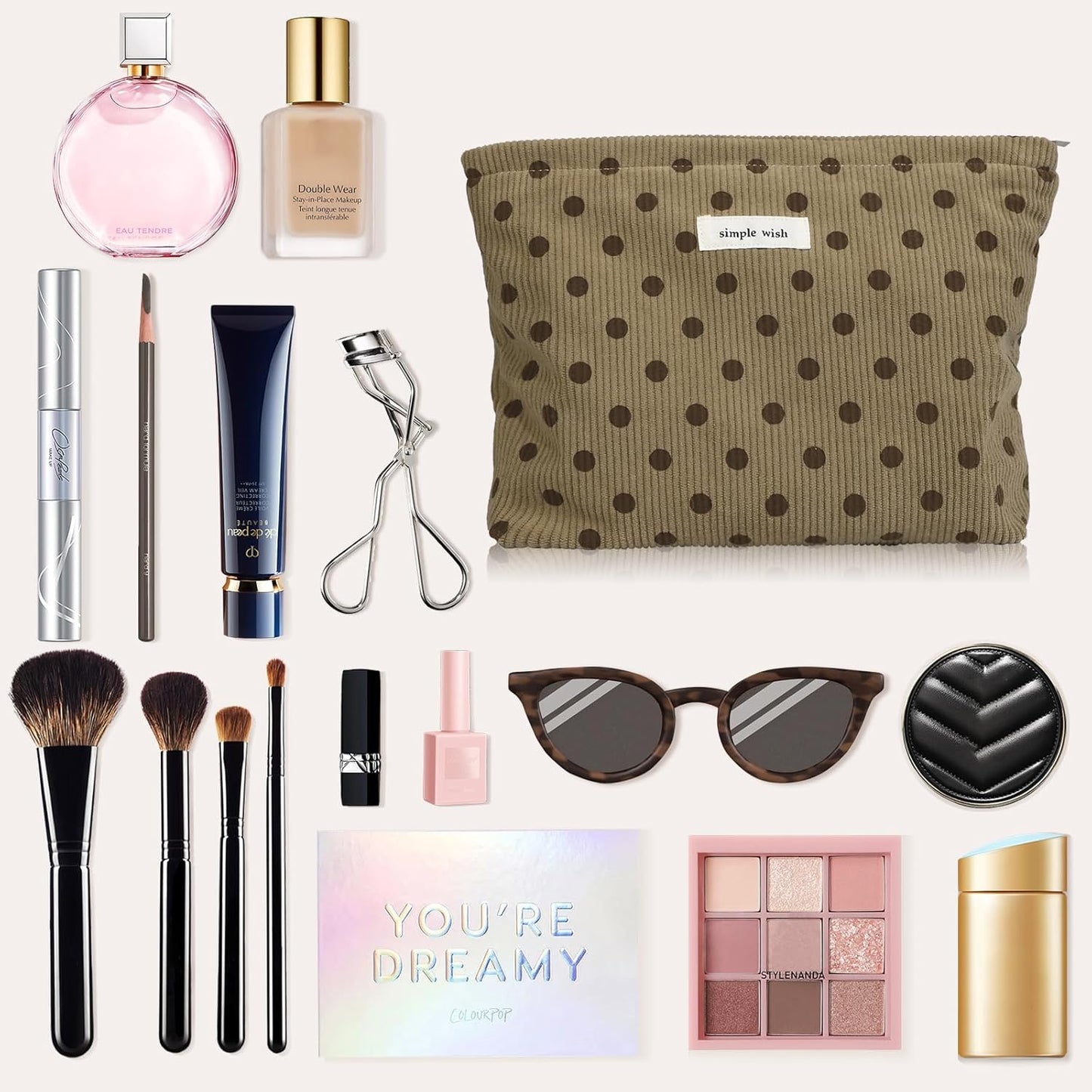 Wudygirl Travel Makeup Bag Cute Cosmetic Bag Large Capacity Makeup Pouch Make Up Organizer for Women and Girls Portable Toiletry Bag Corduroy Zipper Pouch (Brown Polka Dots)