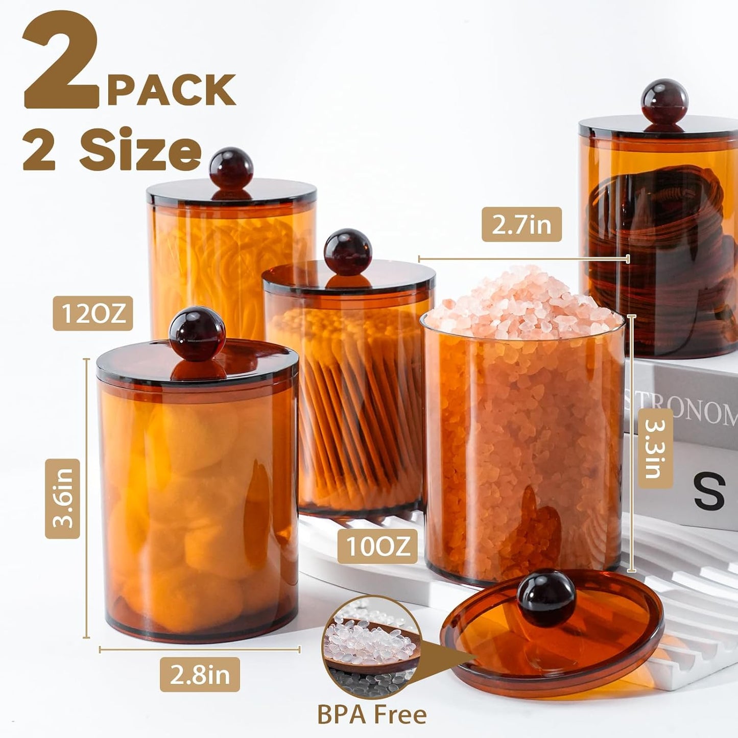 2 Pack Qtip Holder,Canister Apothecary Jar Set, Bathroom Jars with Lids Set for Cotton Swabs, Balls, Pads, Floss Picks,10oz-12oz Plastic Canisters Restroom Bedroom Vanity Organizer(Brown)
