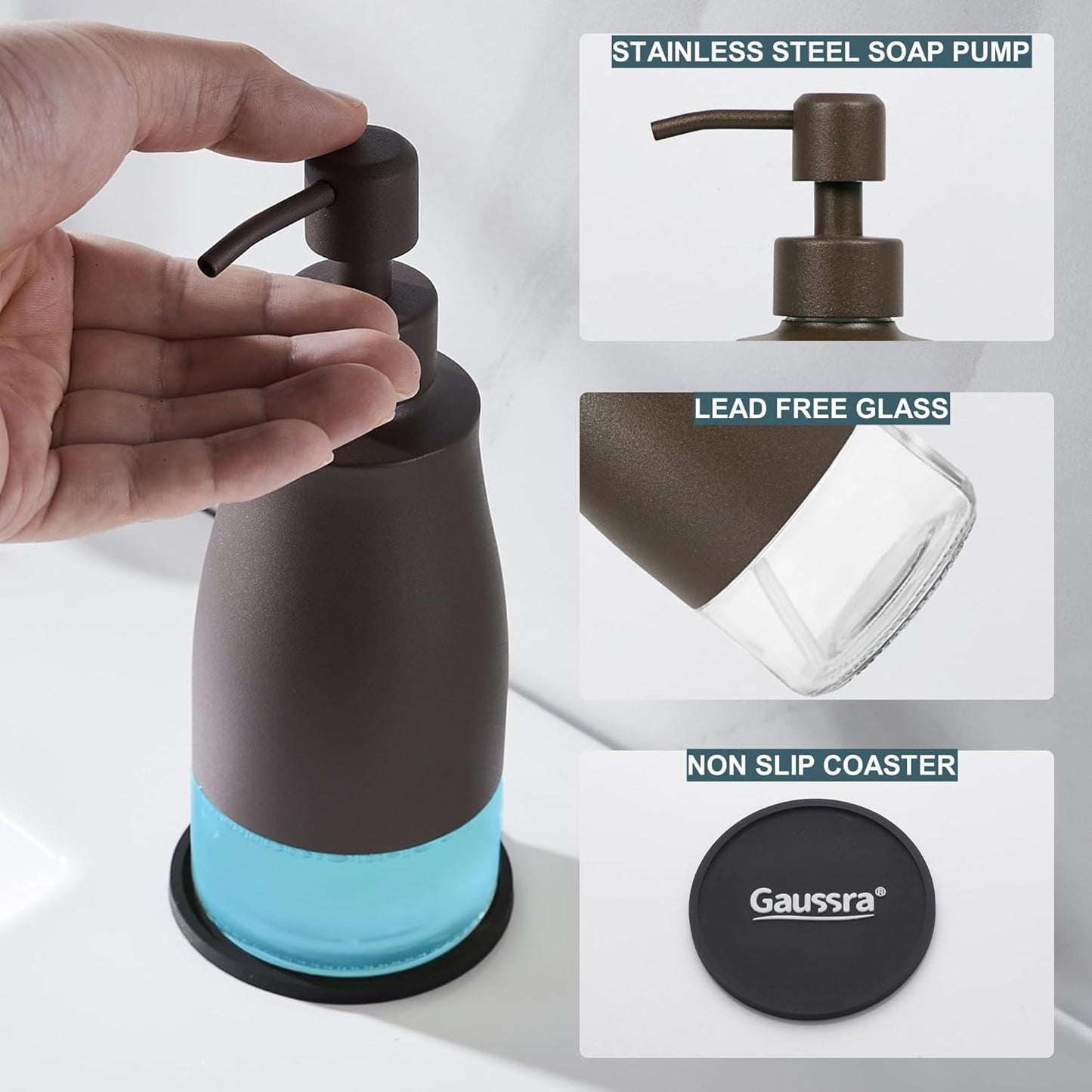Gaussra Bronze Soap Dispenser with Coaster and Stickers, Stainless Steel and Glass Bottle Hand Pump Dispenser, Refillable Liquid Hand Soap Dispenser for Bathroom & Kitchen (11OZ / 320ML)