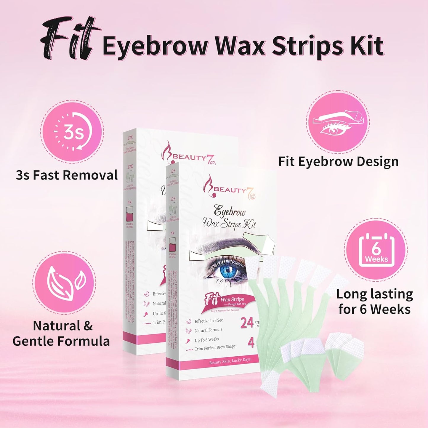 Beauty7 Wax Strips Kit for Sensitive Skin, Facial Hair Removal for Eyebrow, Lip, 24 Strips & 4 Calming Oil Wipes, At Home Waxing for Women
