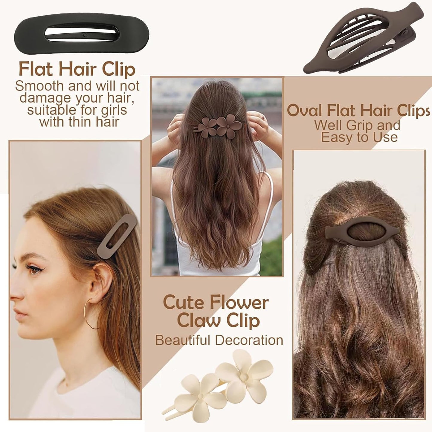 8 PCS Flat Hair Clips, 3 Styles Large Flat Claw Clips for Women, French Strong Hold Non-slip Duckbill Hair Claws for Thin Thick Hair (Tortoise)