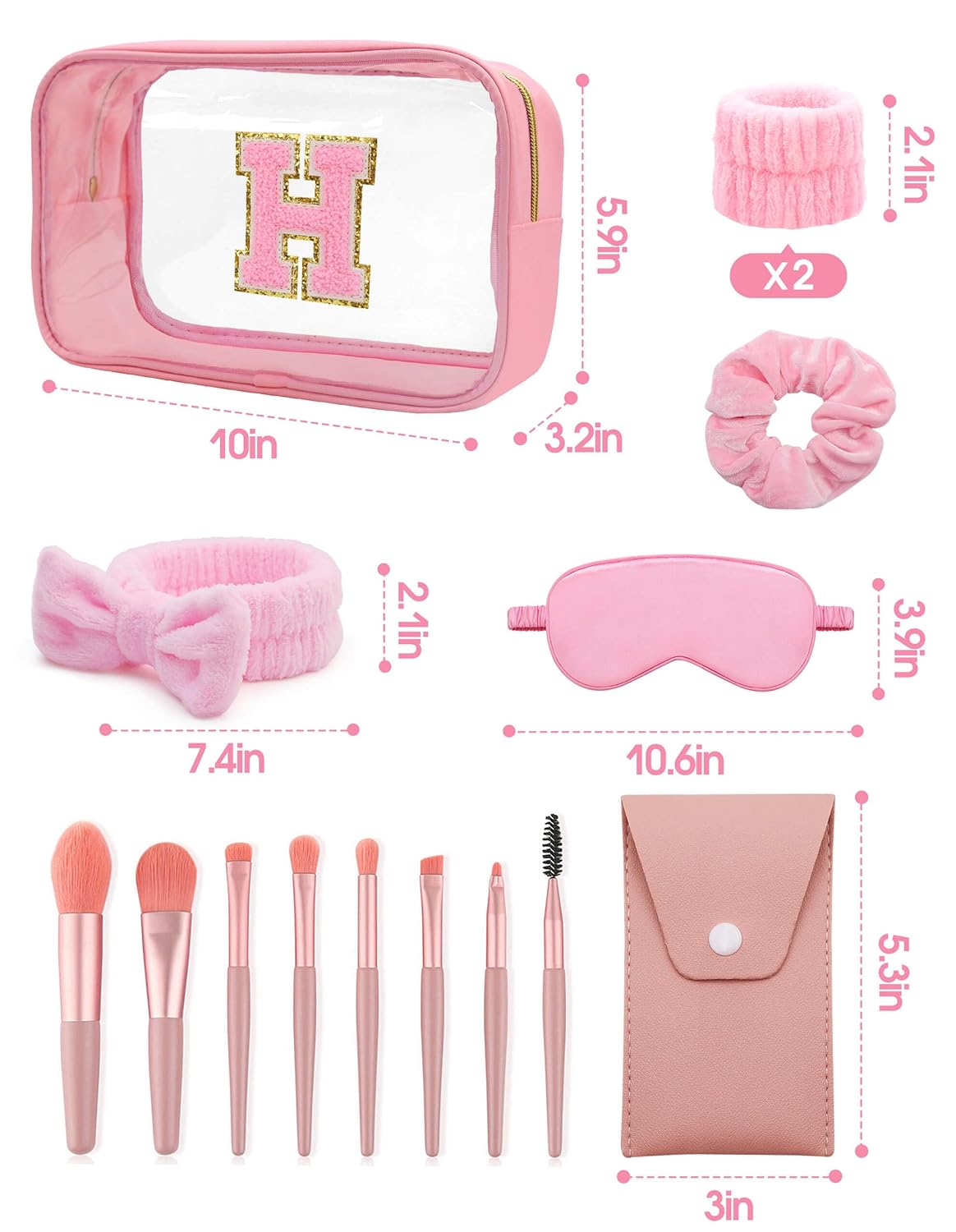 Gift Sets for Women, Initial Makeup Bag with Makeup Brush Set Bachelorette Party Favors, Pink Spa Kit with Skincare Headbands Wrist Bands Sleepover Party Supplies Gifts for Teen Girls Bridesmaid H