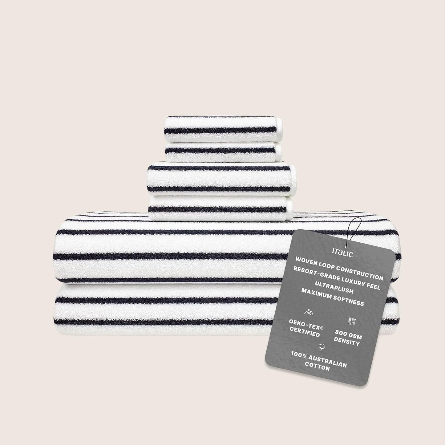 Italic Ultraplush Luxe 6 Piece Towel Set – 2 Bath Sheets, 2 Hand Towels, 2 Washcloths – 800GSM Highly Absorbent & Quick Dry, Resort Grade 100% Australian Cotton Towels, Striped (White & Blue)