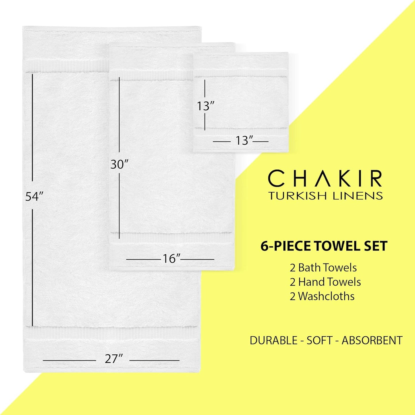 Chakir Turkish Linens Luxury Spa and Hotel Quality Premium Turkish Cotton 6-Piece Towel Set (2 x Bath Towels, 2 x Hand Towels, 2 x Washcloths)