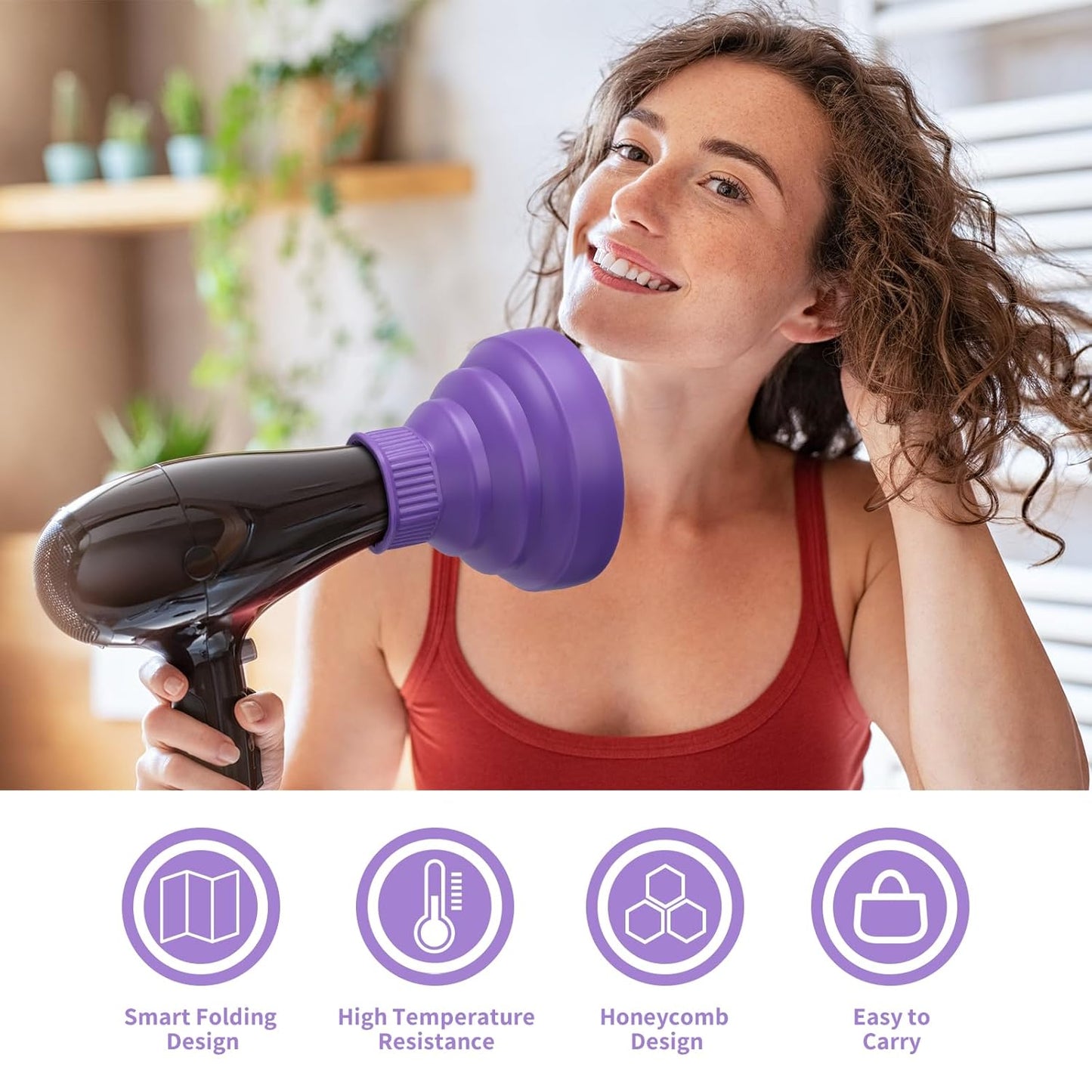 Segbeauty Collapsible Blow Dryer Diffuser, Travel Portable Hair Diffuser for Natural Curly Hair, Professional Lightweight Folding Diffuser Attachment for Dryers Nozzle 1.54 to 1.69 inches Purple
