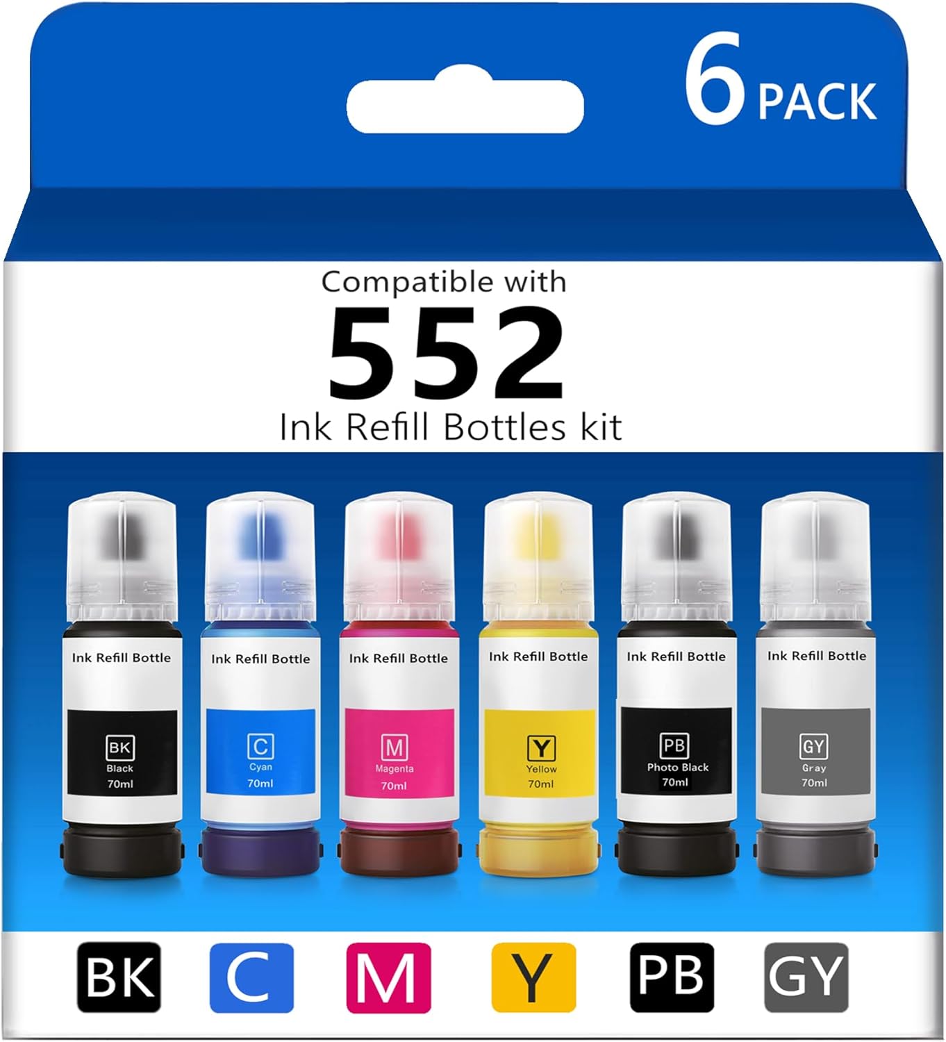 T552 Refill Ink Bottles Compatible with Epsn 552 Ink Refill Bottles Use for EcoTank Photo ET-8550 ET-8500 Printer(PB C M Y GY BK 6 Color Cyan/Magenta/Yellow/Photo Black/Gray Ink Bottles